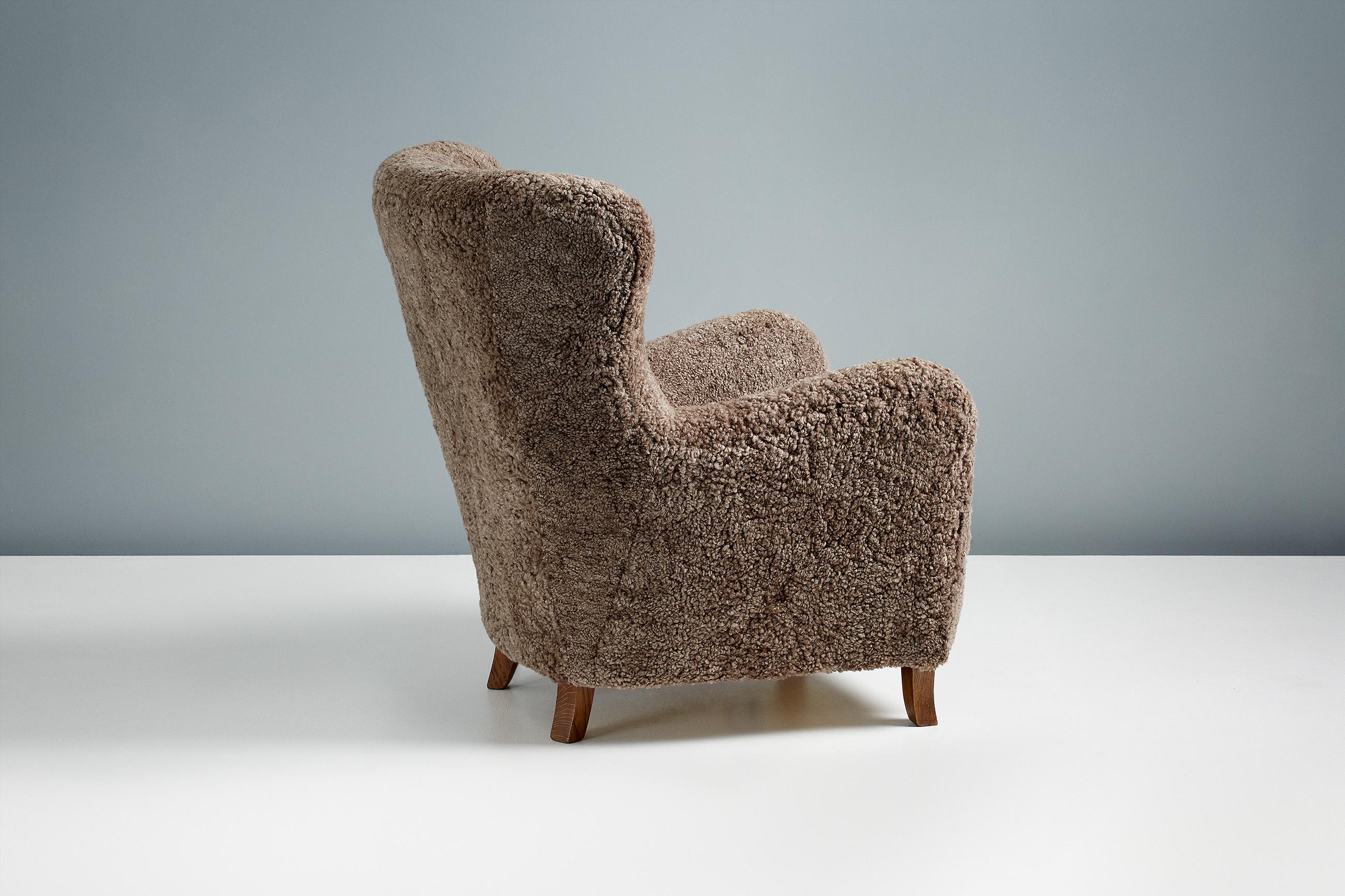 Custom Made Sheepskin Wing Chairs For Sale 6