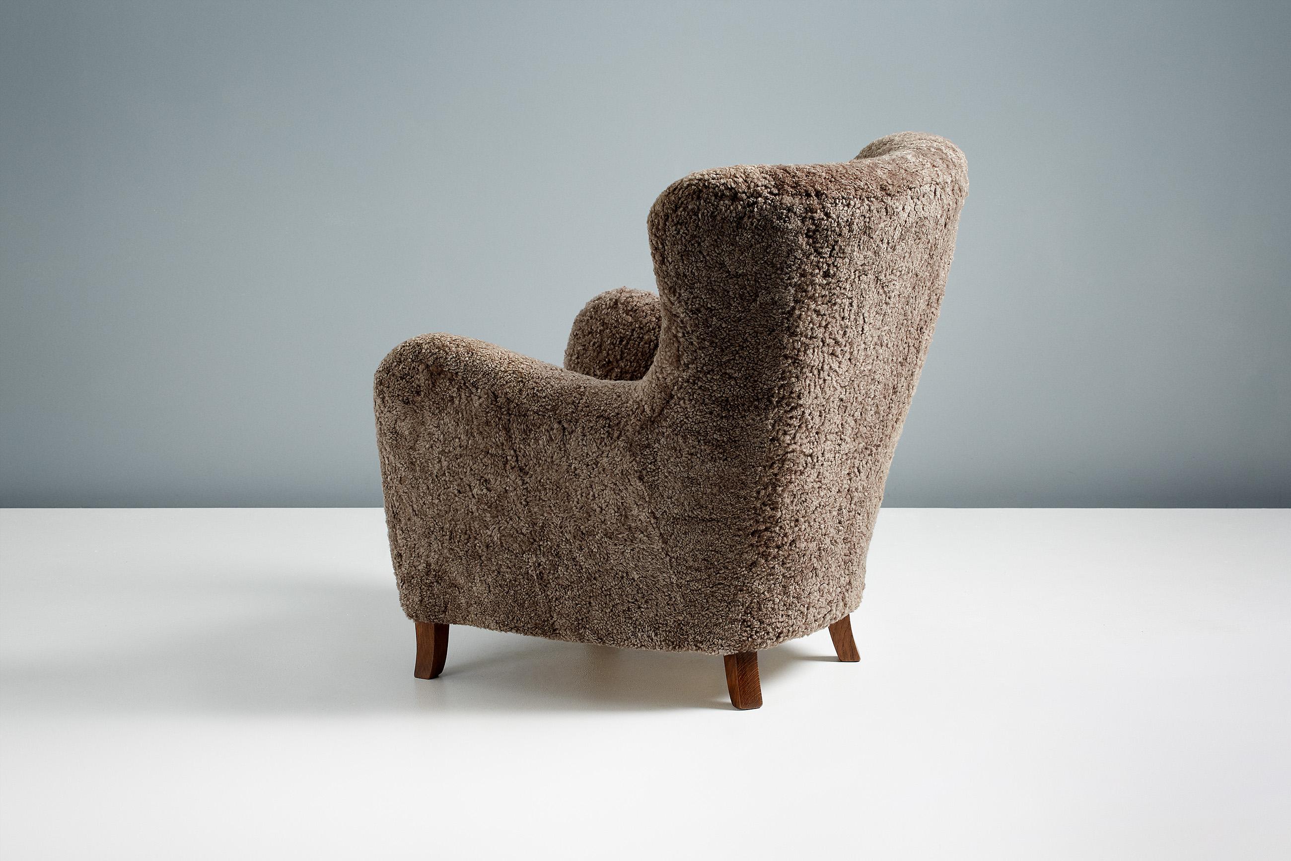 Custom Made Sheepskin Wing Chairs For Sale 7