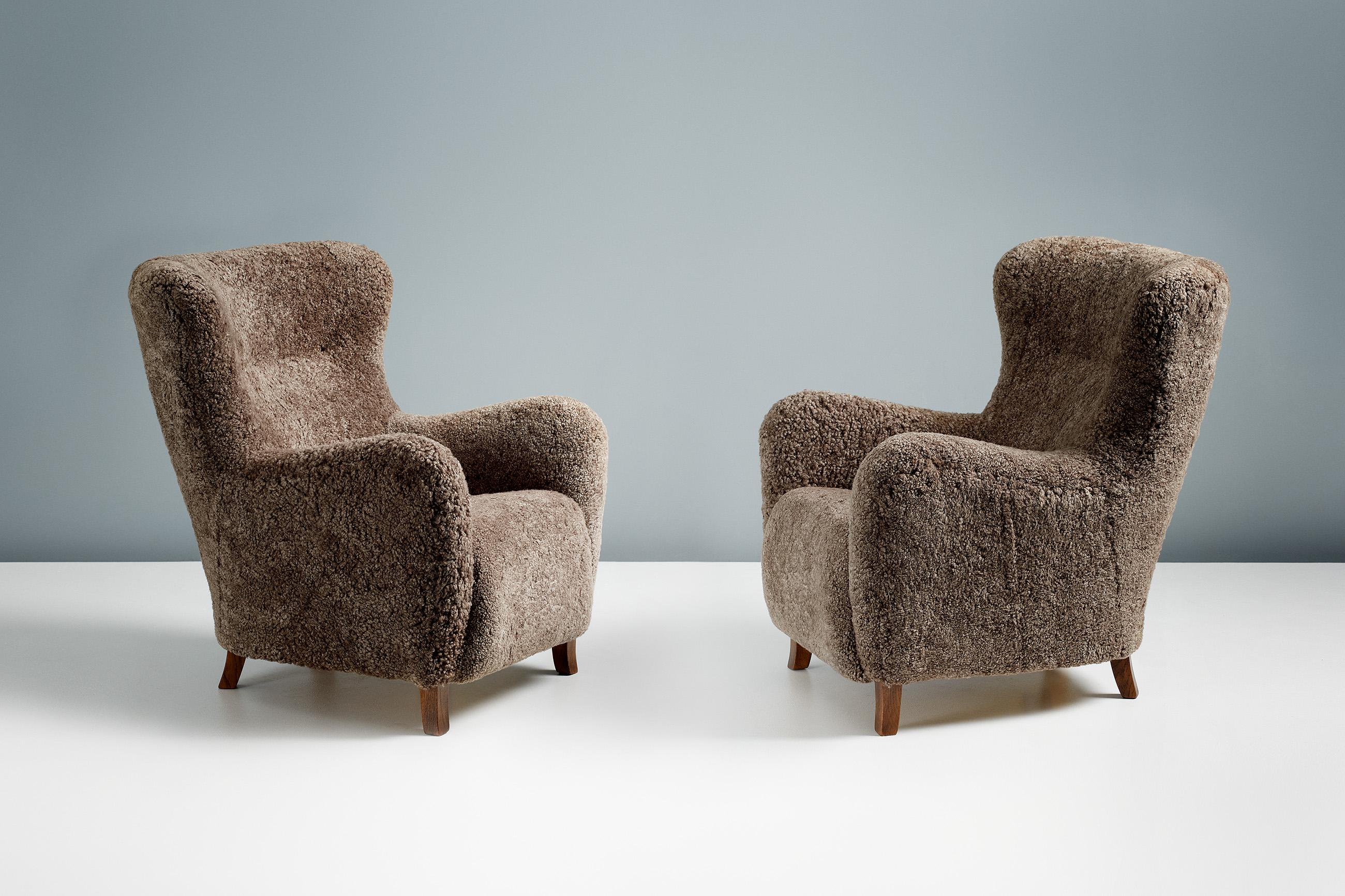 British Custom Made Sheepskin Wing Chairs For Sale