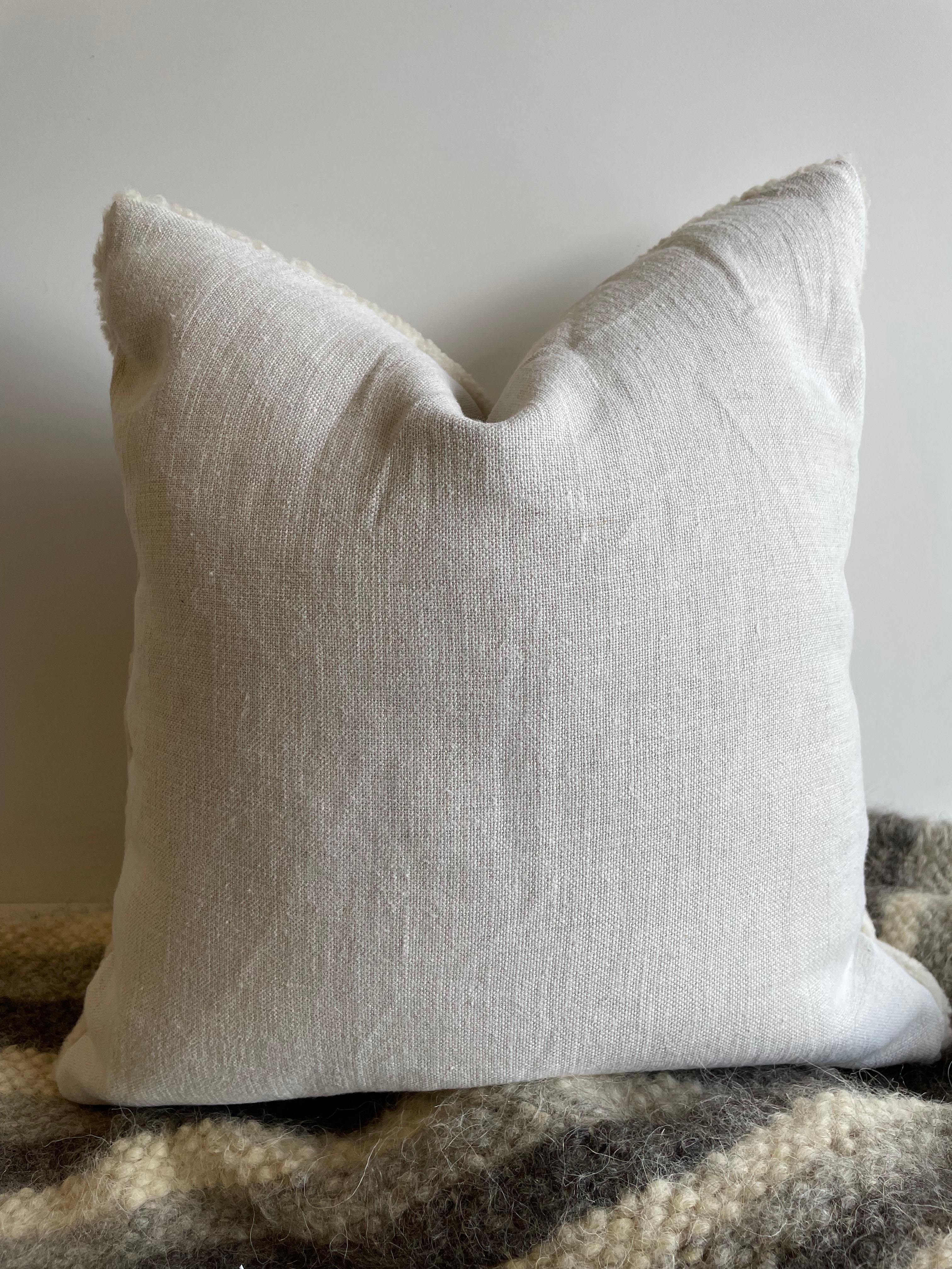 Custom Made Sheepskin Wool and Linen Pillow with Down Insert For Sale 2