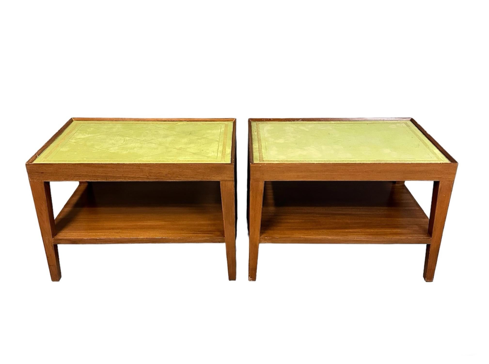 In the style of Dunbar, expertly crafted side tables made with luxurious Chartreuse leather tops, perfect for adding a touch of sophistication to any room. Custom made for the Connecticut house of Gene Wilder, these tables are both functional and