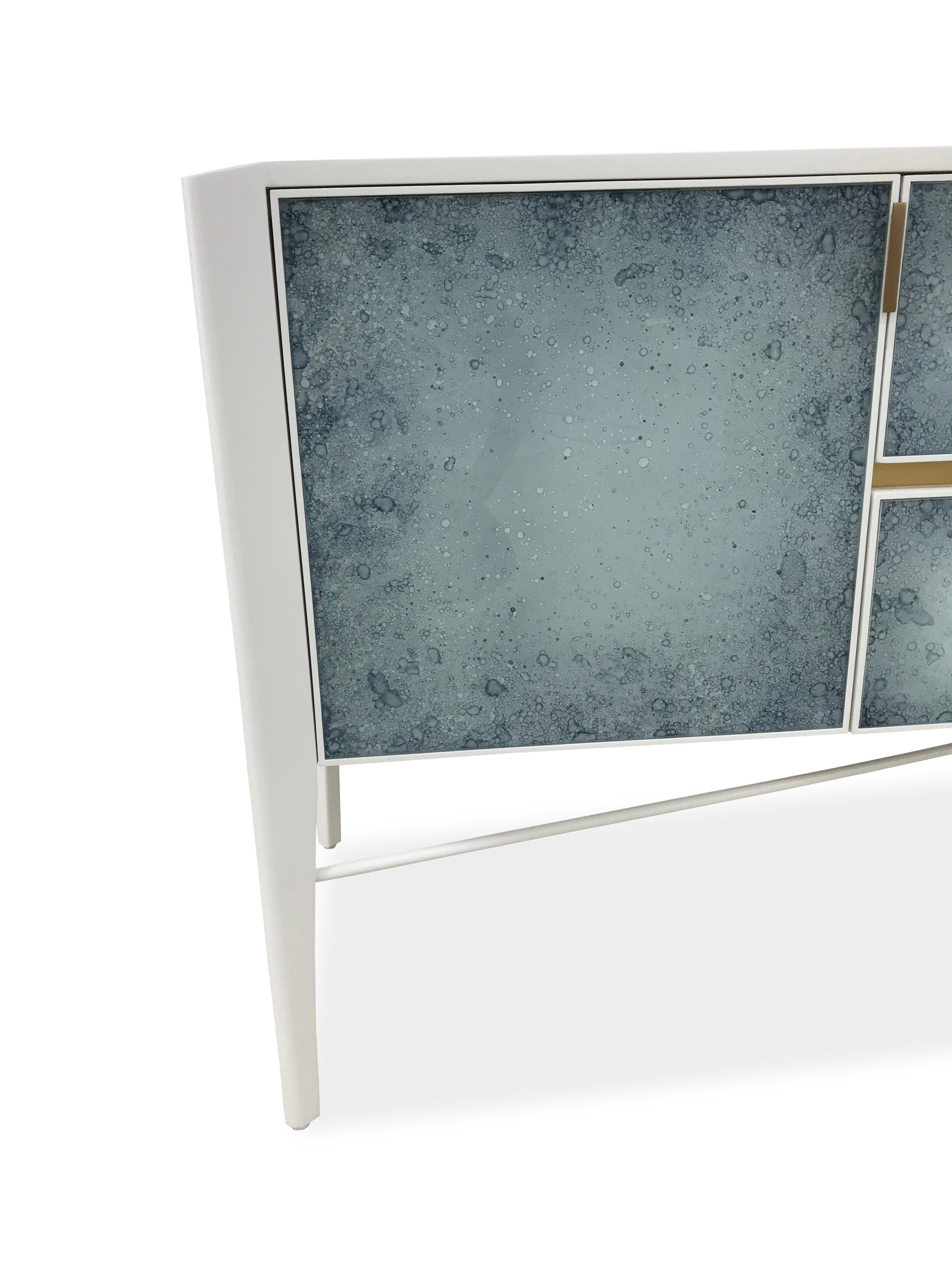 Mid-Century Modern Custom Made Sideboard High Gloss White and Color Effect Antique Glass For Sale