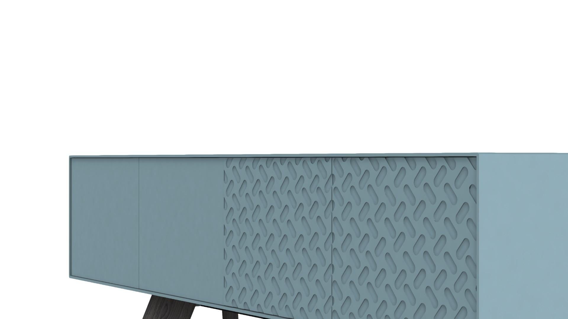 Moderne Enfilade fait sur mesure avec des détails brutalistes - laque bleu marine/ chêne gris en vente