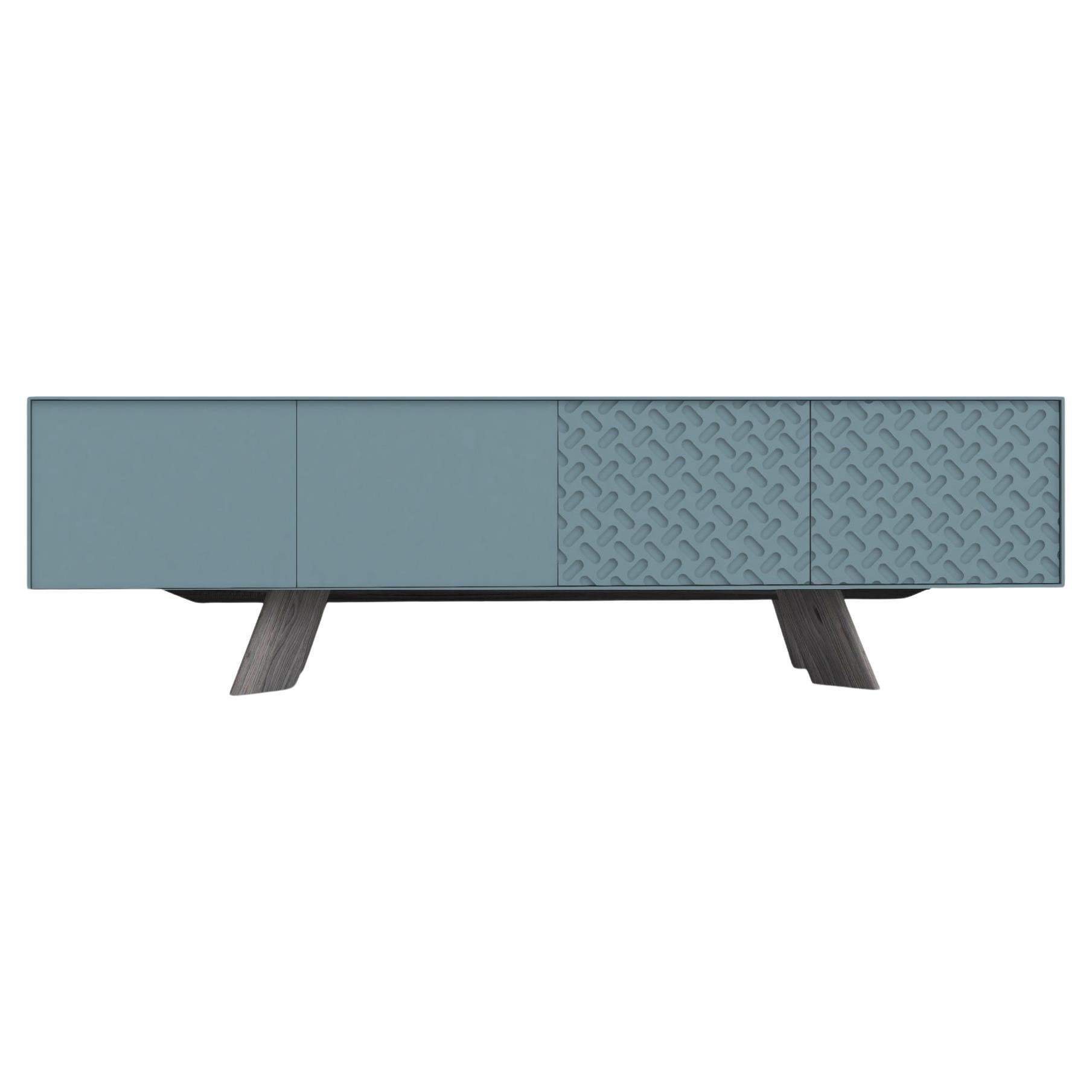 Enfilade fait sur mesure avec des détails brutalistes - laque bleu marine/ chêne gris en vente