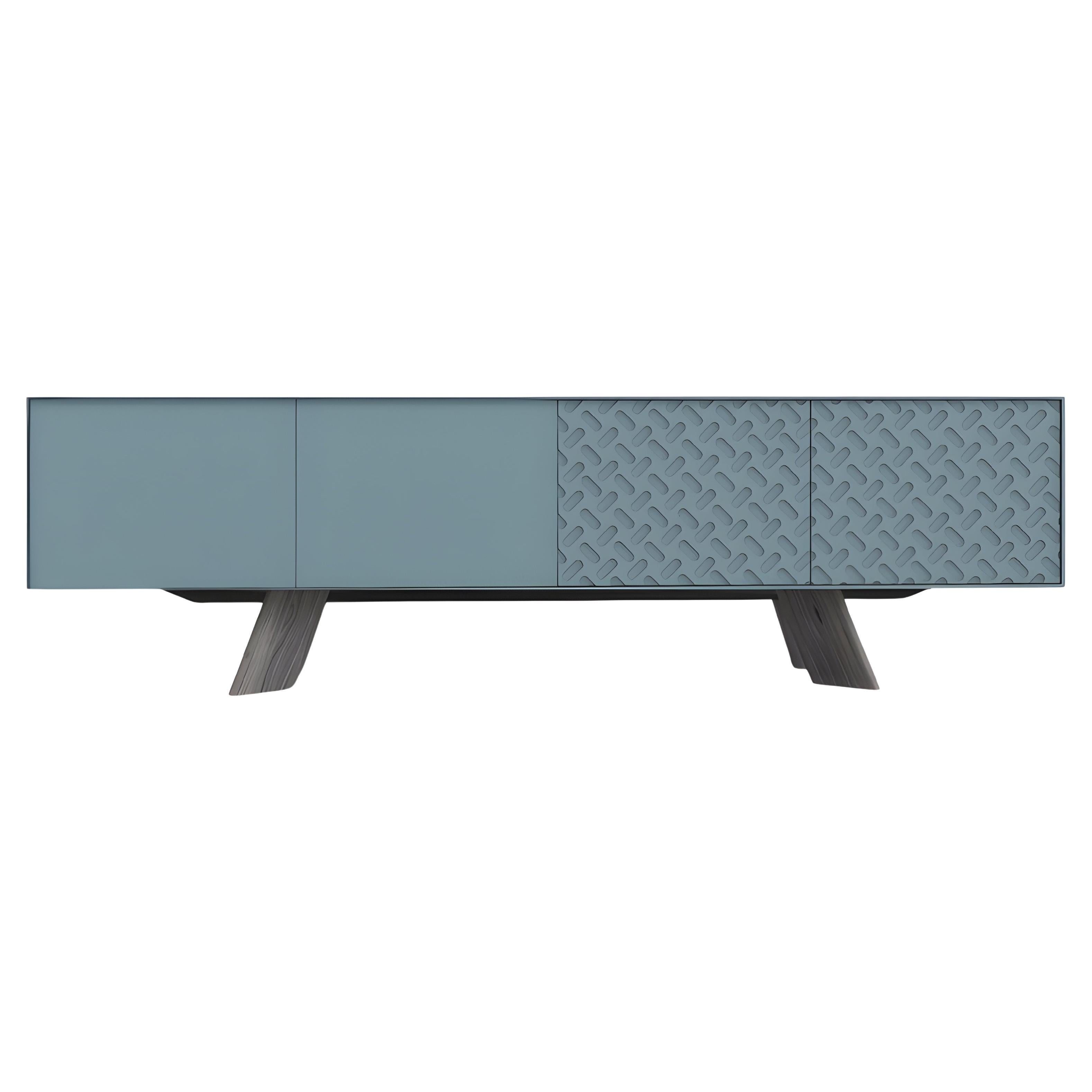 Custom-Made Sideboard with Brutalist Detailing-Sea Blue Lacquer/Grey Oak