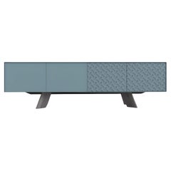 Custom-Made Sideboard with Brutalist Detailing-Sea Blue Lacquer/Grey Oak