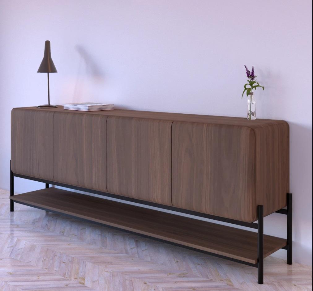 Stainless Steel Custom Made Sideboard With Lower Shelf & Cutlery Drawer In Matte Walnut For Sale