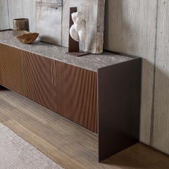 Custom Made Sideboard with Ribbed Canaletto Walnut Front and Marble Countertop