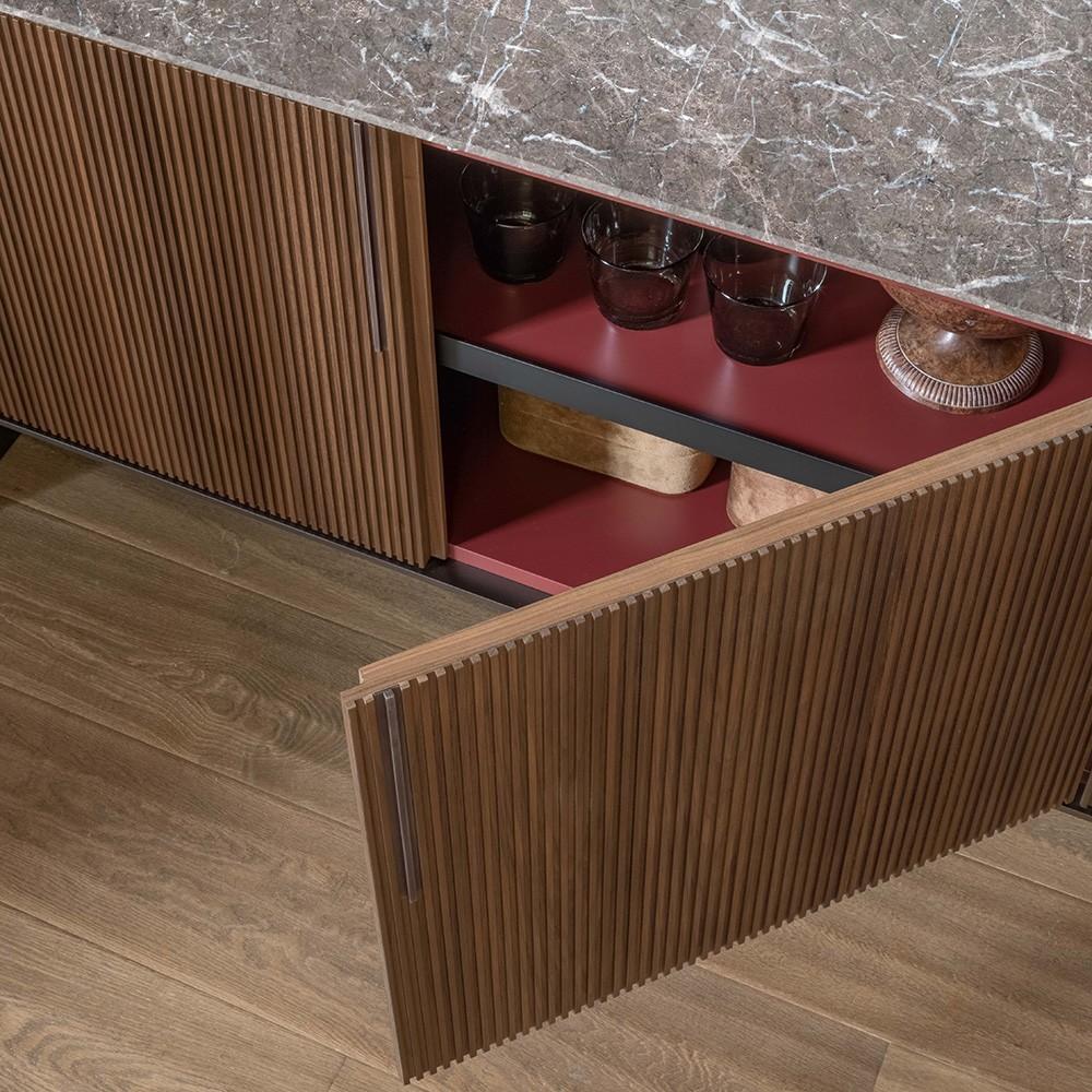 Modern Custom Made Sideboard with Ribbed Canaletto Walnut Front and Marble Countertop For Sale