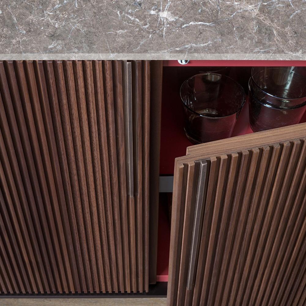 Italian Custom Made Sideboard with Ribbed Canaletto Walnut Front and Marble Countertop For Sale