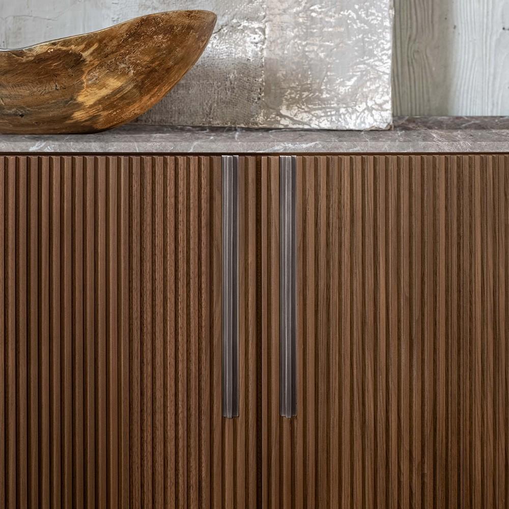 Hand-Crafted Custom Made Sideboard with Ribbed Canaletto Walnut Front and Marble Countertop For Sale