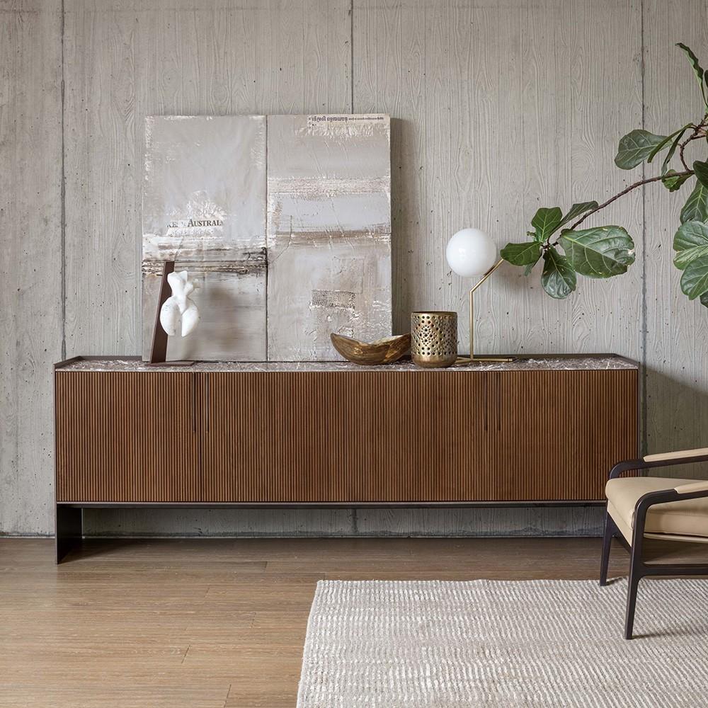 Custom Made Sideboard with Ribbed Canaletto Walnut Front and Marble Countertop In New Condition For Sale In NEW YORK, NY