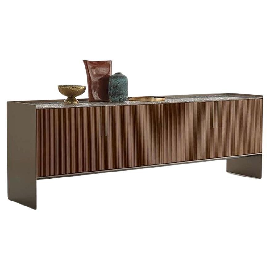 Custom Made Sideboard with Ribbed Canaletto Walnut Front and Marble Countertop