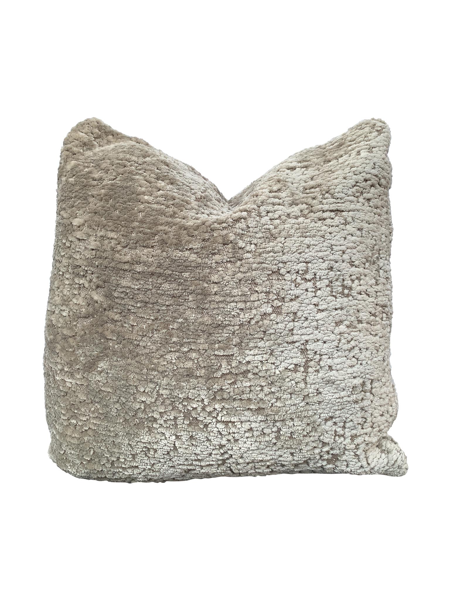 Cozy, custom-made pillow with a soft silk-and-cashmere fabric in an oyster gray colorway from S. Harris. The pillow is small in size and square in shape. The filling is a combination of Dacron and down, very comfortable and perfect for