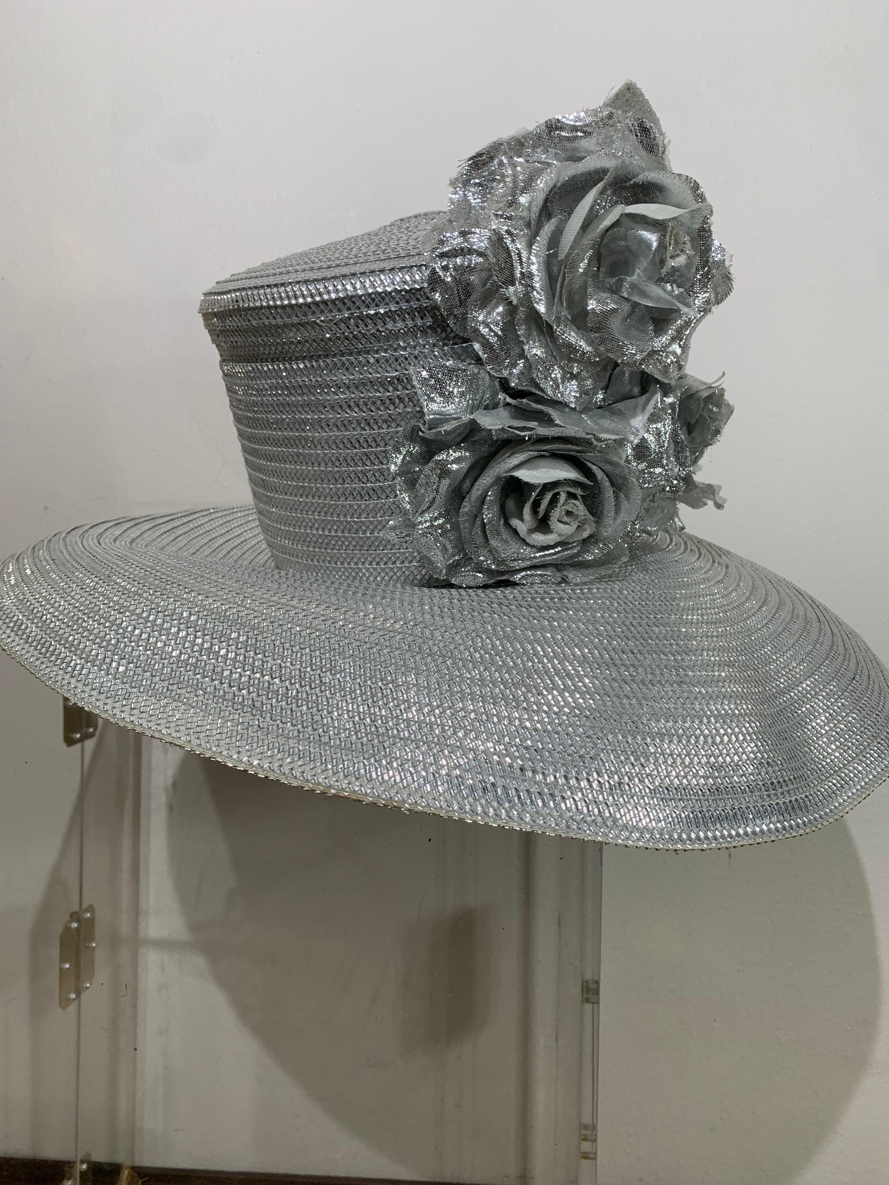 Custom Made Silver Lamé Straw Wide Brim Cartwheel Hat w/ Silver Floral Bouquet For Sale 6