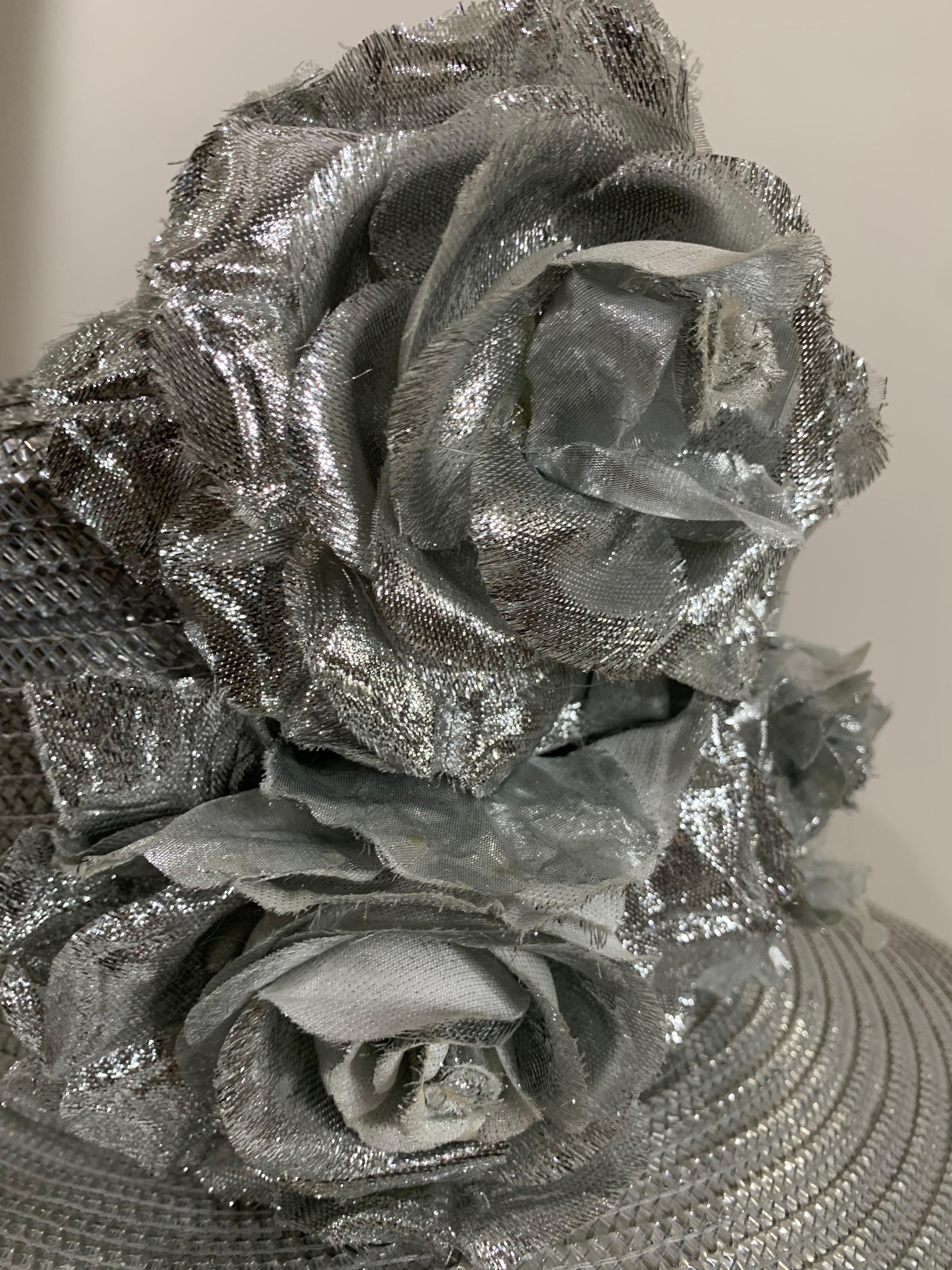 Custom Made Silver Lamé Straw Wide Brim Cartwheel Hat w/ Silver Floral Bouquet For Sale 7