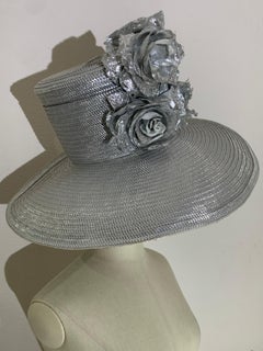 Custom Made Silver Lamé Straw Wide Brim Cartwheel Hat w/ Silver Floral Bouquet