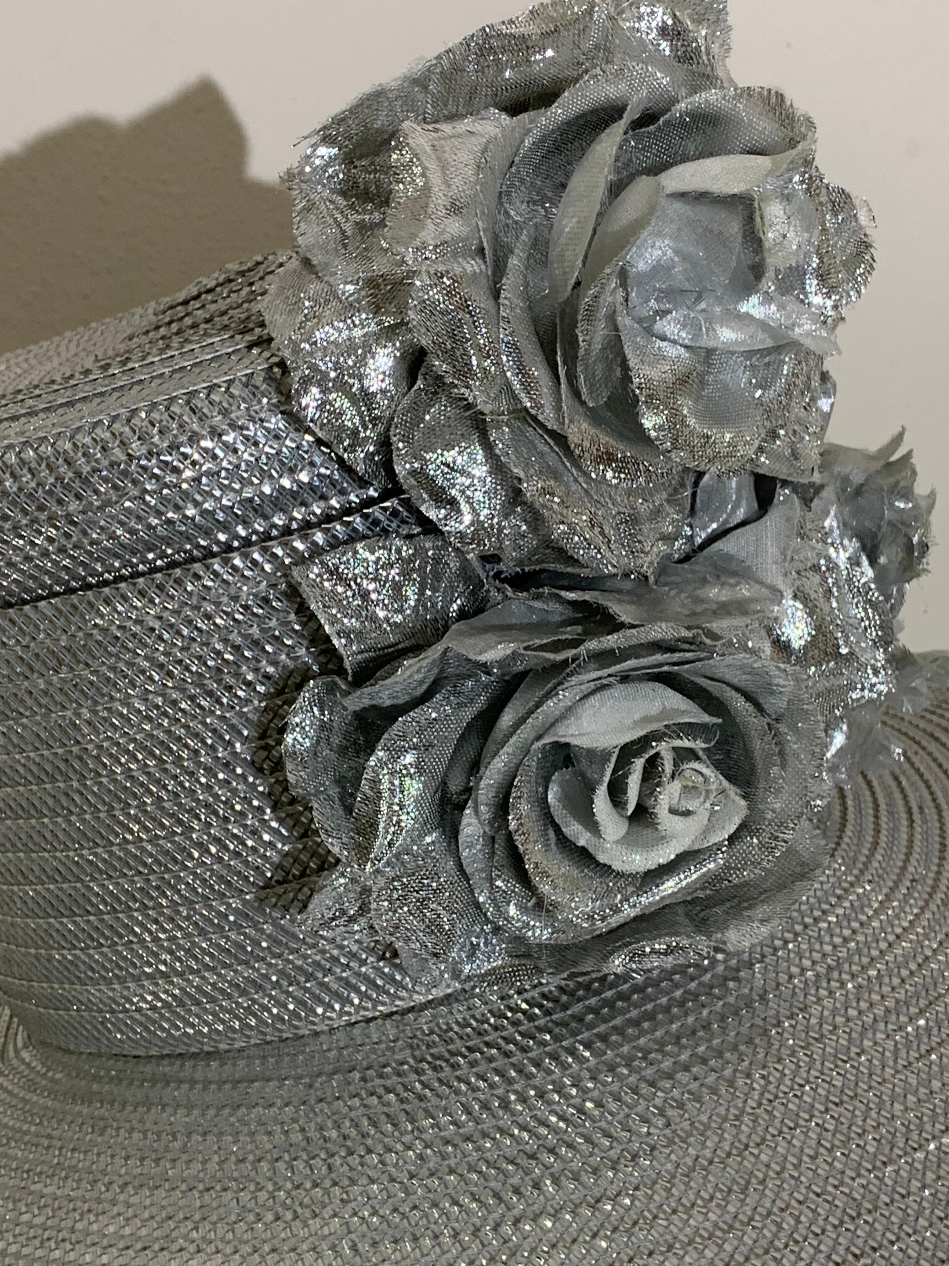 Custom Made Silver Lamé Straw Wide Brim Cartwheel Hat w/ Silver Floral Bouquet In Excellent Condition For Sale In Gresham, OR