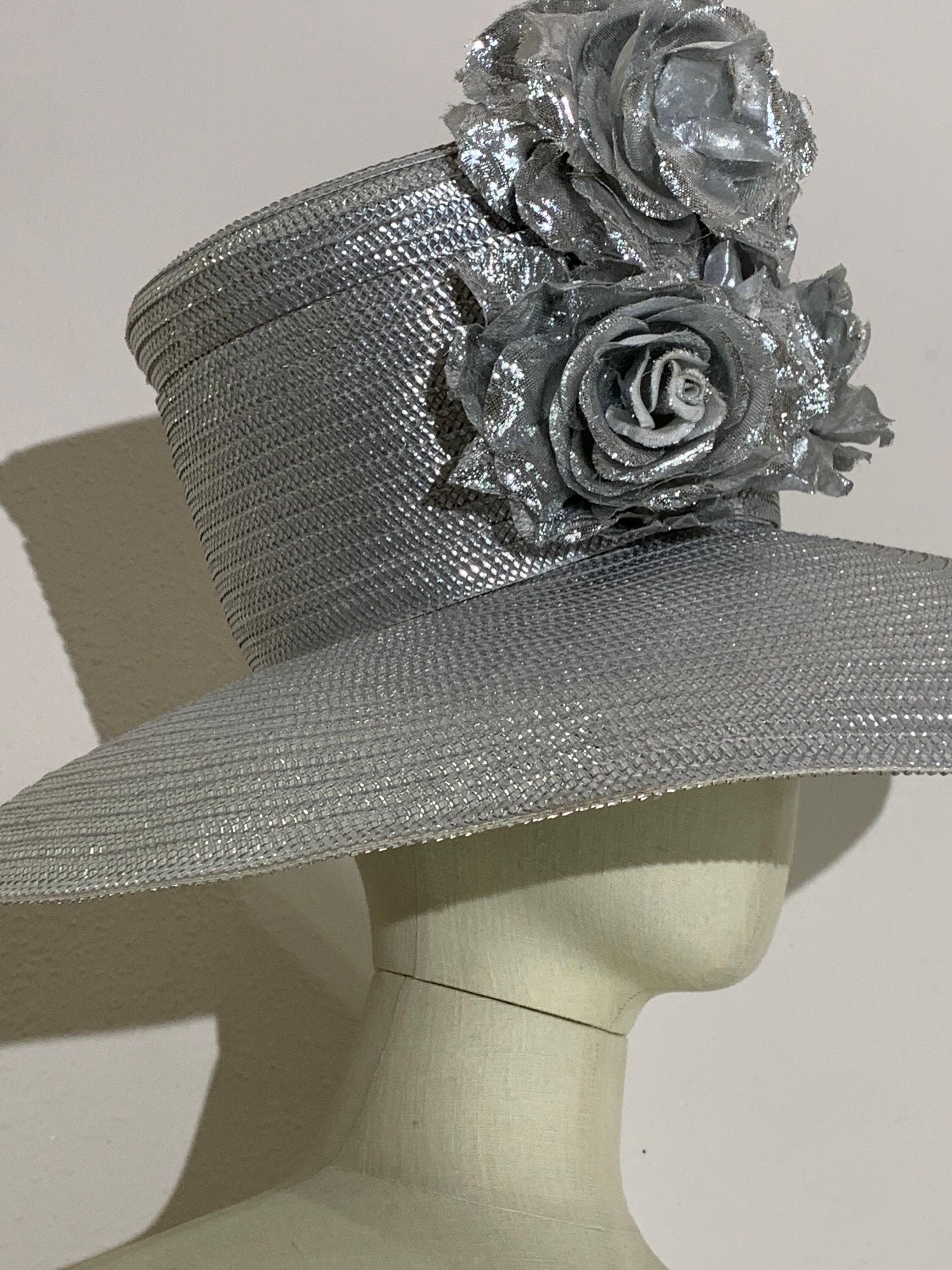 Women's or Men's Custom Made Silver Lamé Straw Wide Brim Cartwheel Hat w/ Silver Floral Bouquet For Sale