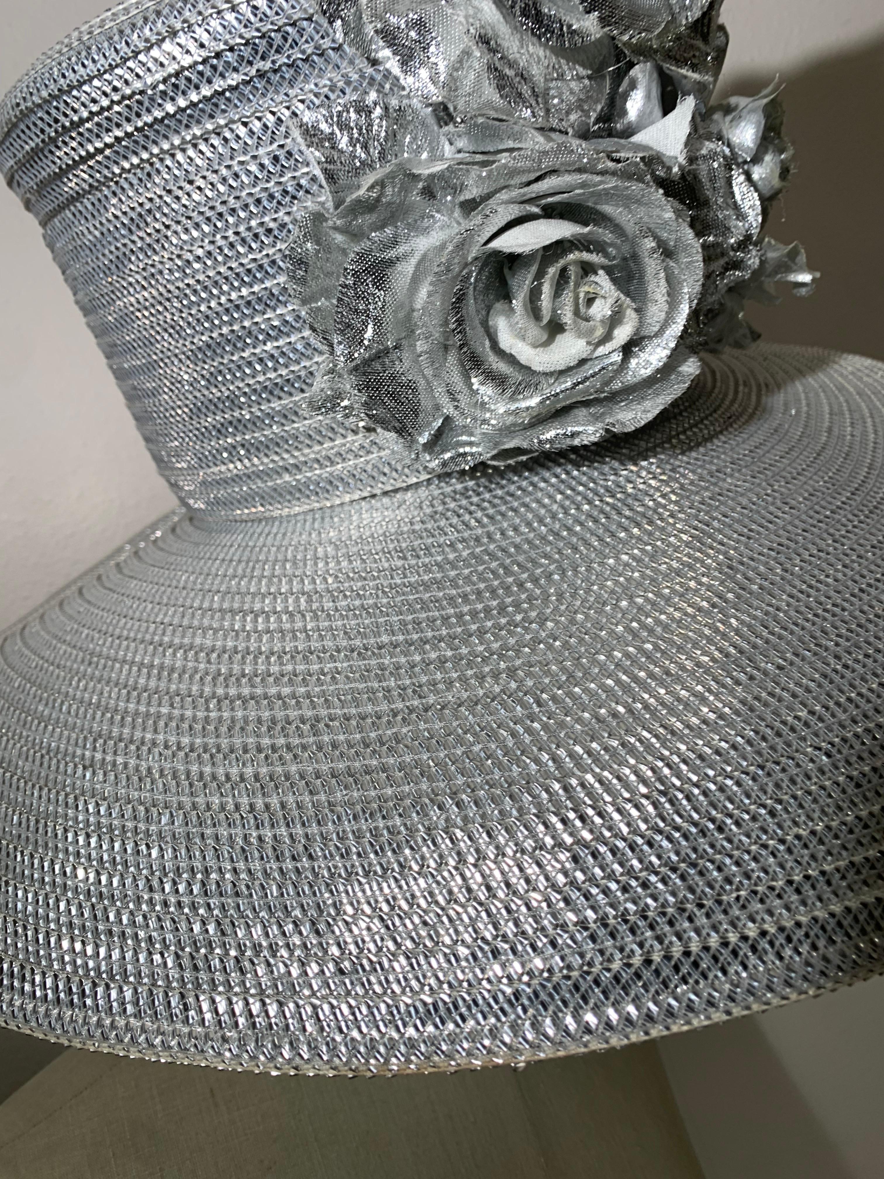 Custom Made Silver Lamé Straw Wide Brim Cartwheel Hat w/ Silver Floral Bouquet For Sale 1