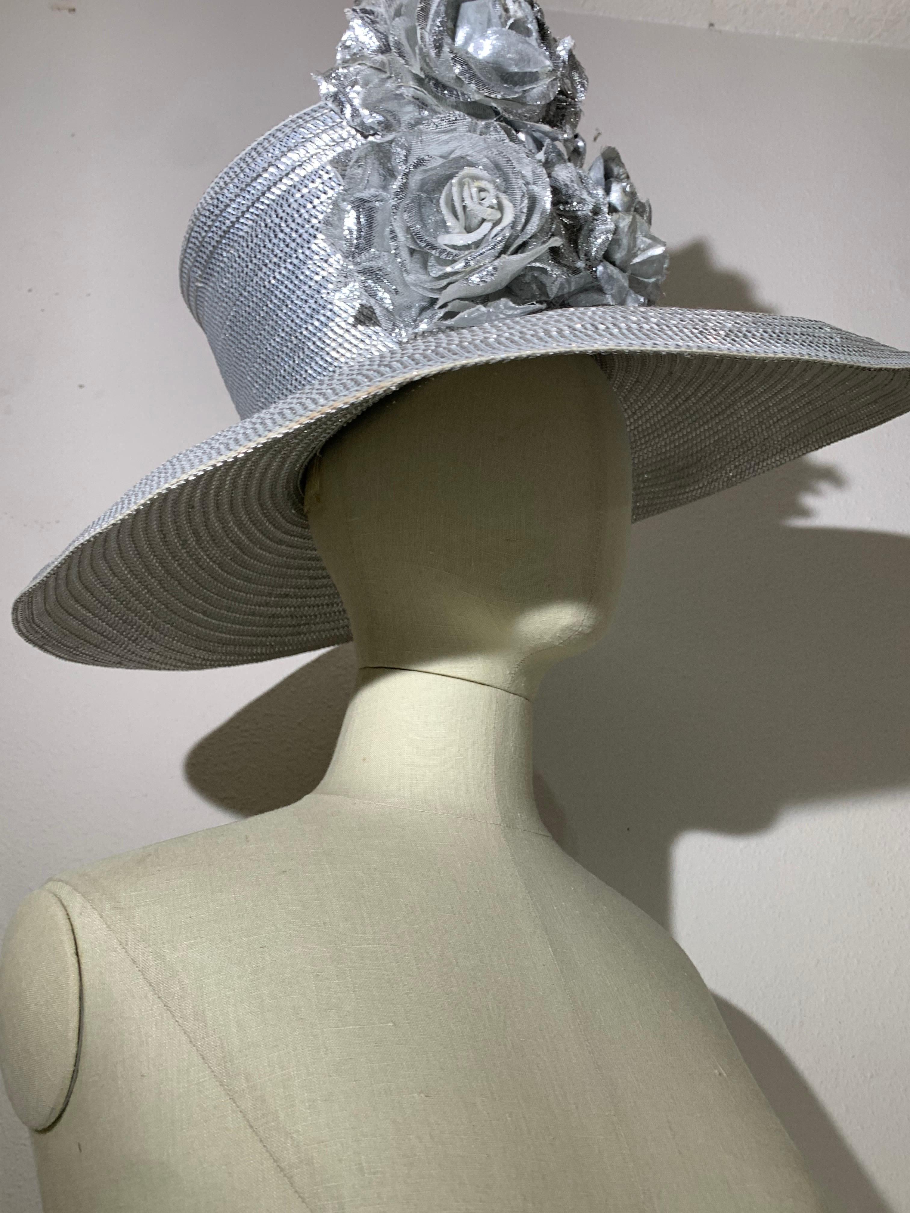 Custom Made Silver Lamé Straw Wide Brim Cartwheel Hat w/ Silver Floral Bouquet For Sale 2
