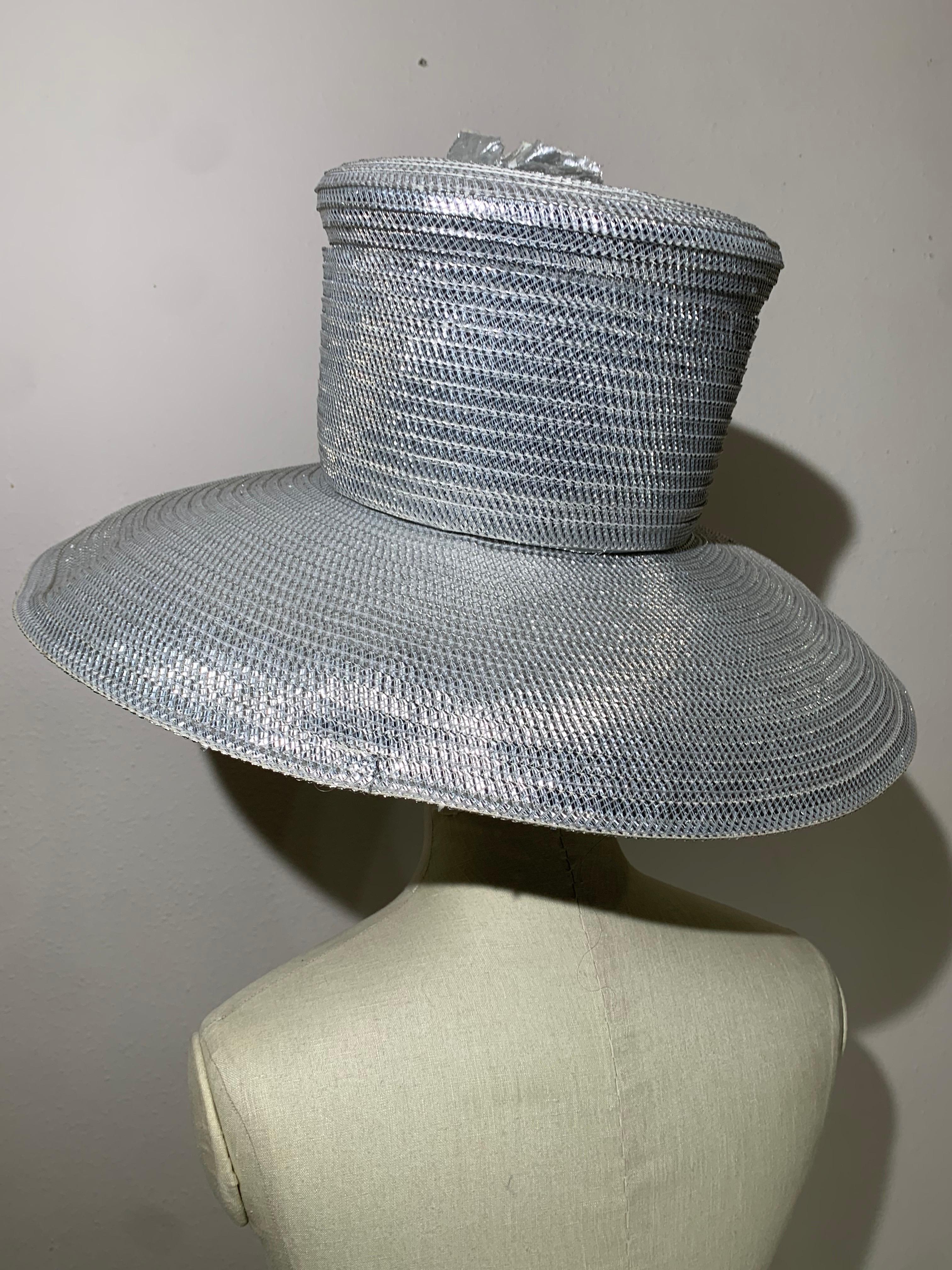 Custom Made Silver Lamé Straw Wide Brim Cartwheel Hat w/ Silver Floral Bouquet For Sale 4