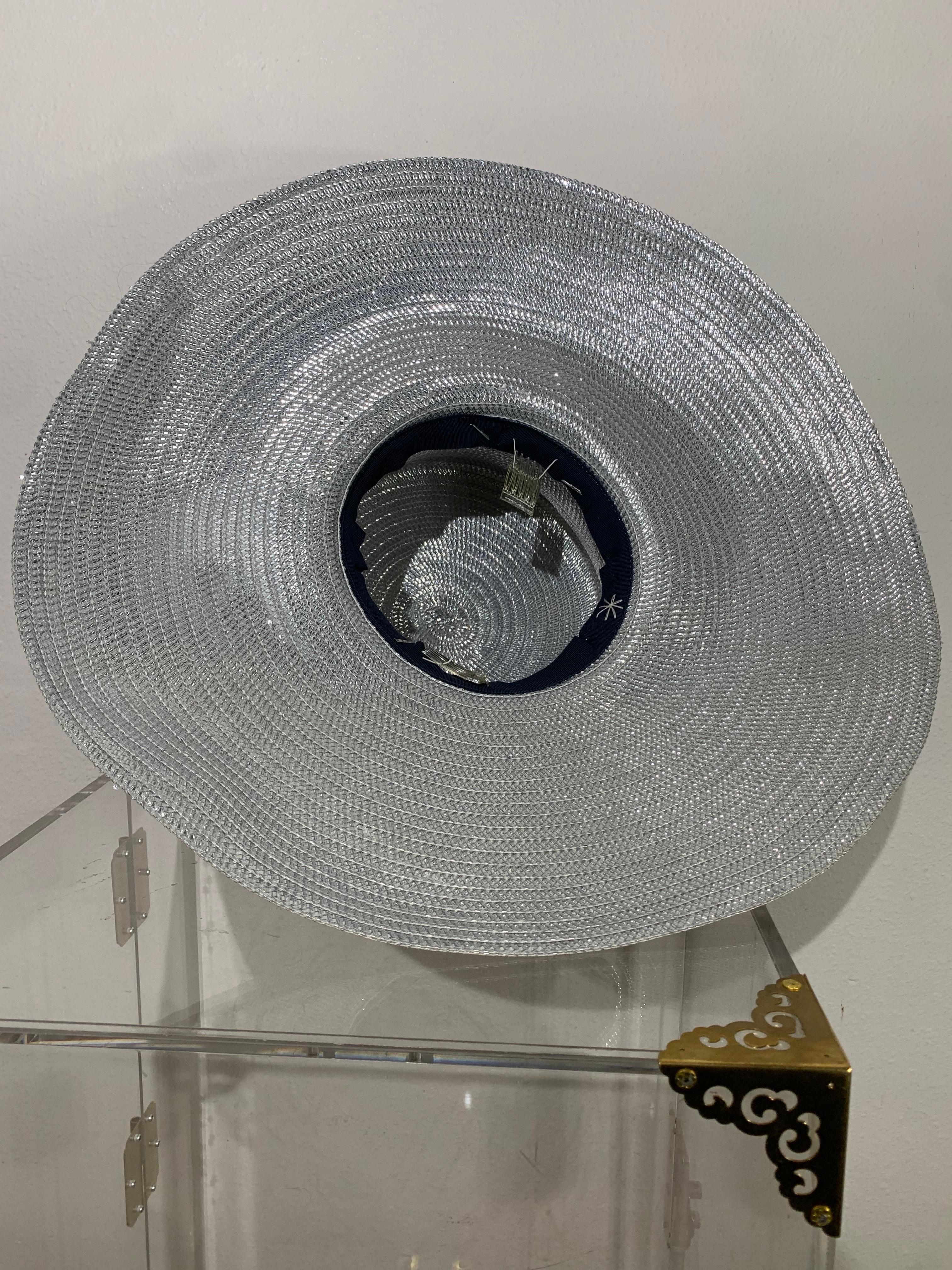 Custom Made Silver Lamé Straw Wide Brim Cartwheel Hat w/ Silver Floral Bouquet For Sale 5