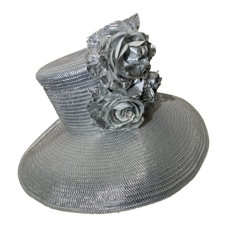 Custom Made Silver Lamé Straw Wide Brim Cartwheel Hat w  display picture 3