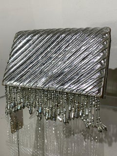 Custom-Made Silver Metallic Quilted Leather Envelope Clutch w/ Silver Fringe