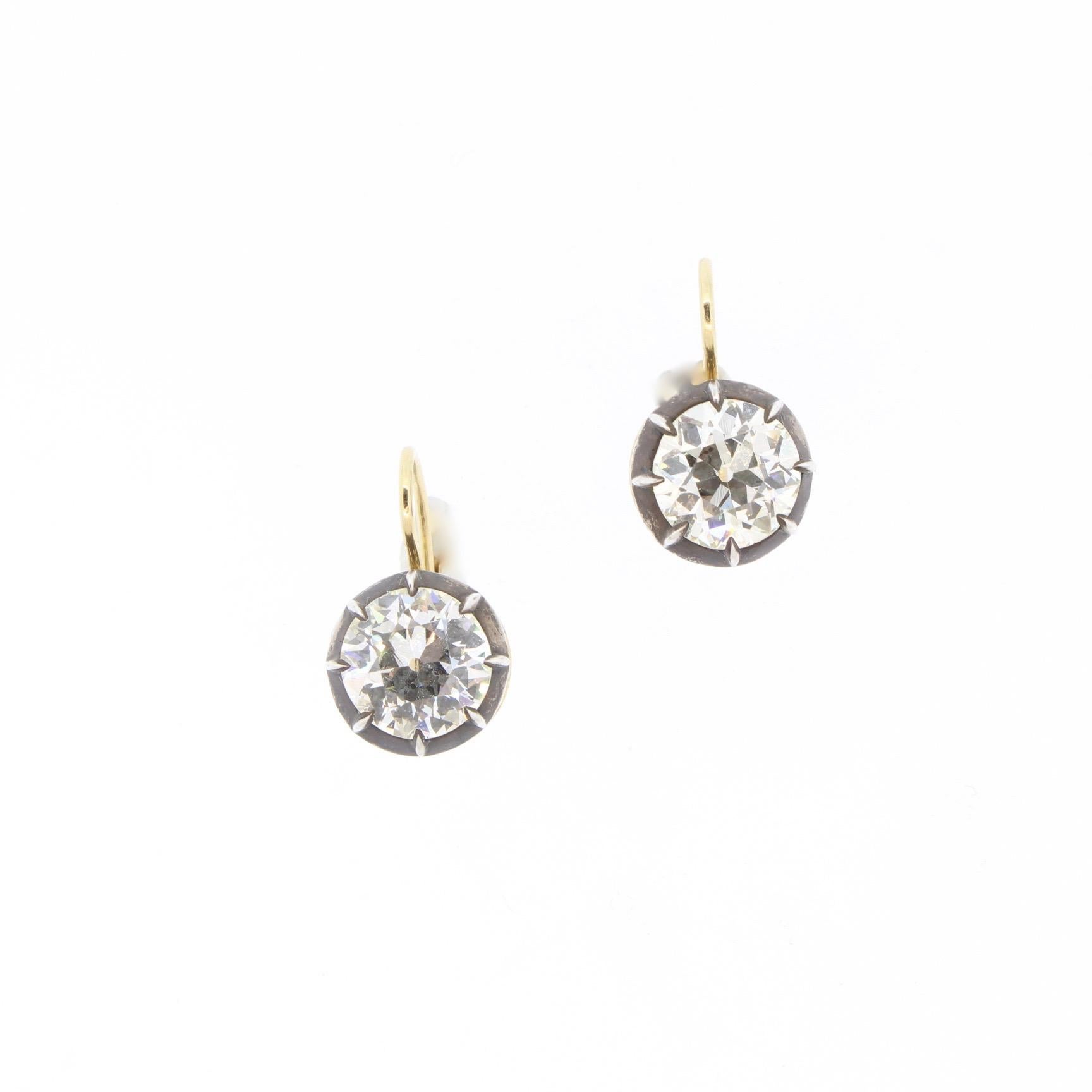 Late Victorian Custom Made Silver Topped Gold Diamond Collet Earrings