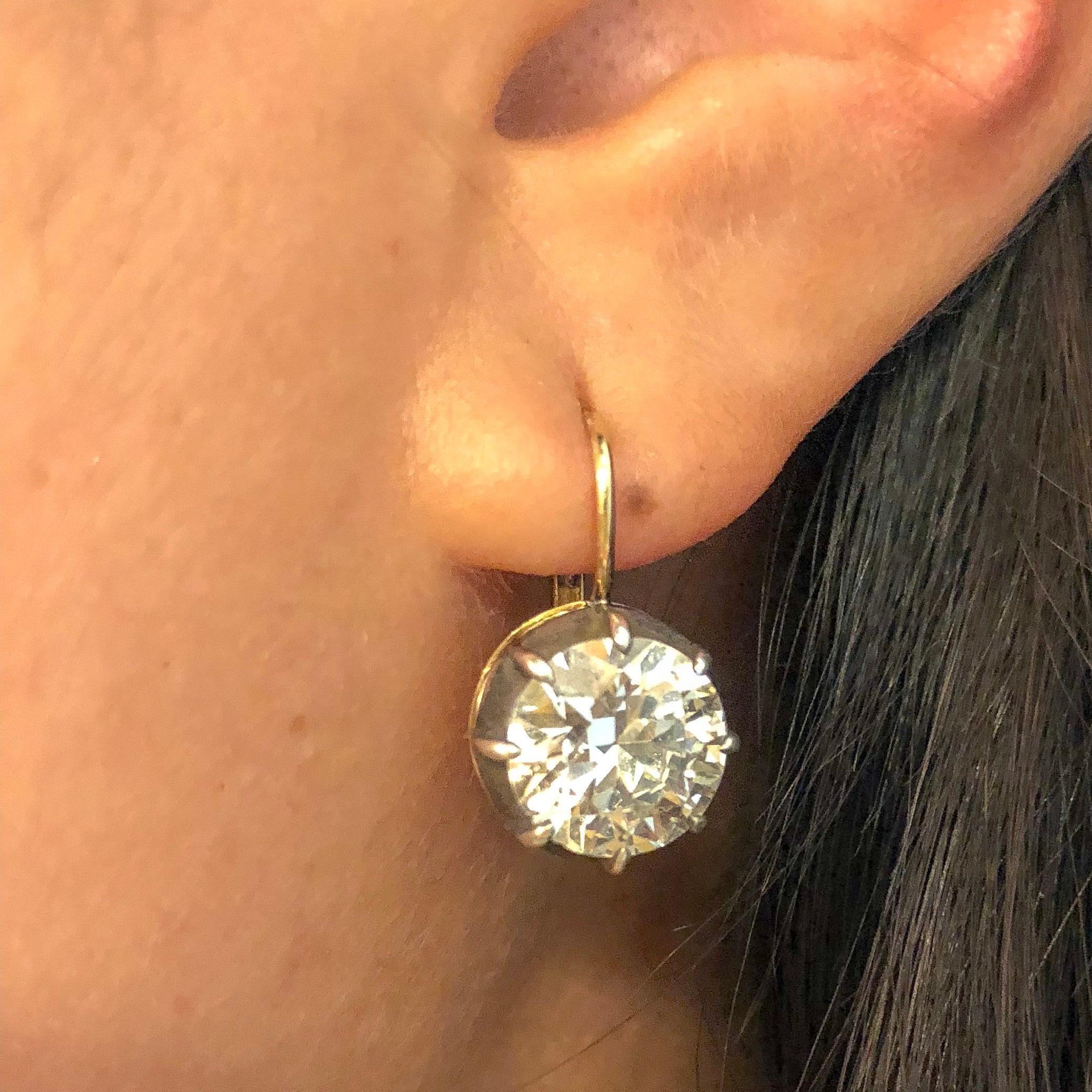 Old European Cut Custom Made Silver Topped Gold Diamond Collet Earrings