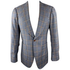CUSTOM MADE Size 38 Blue & Brown Plaid Wool Peak Lapel Patch Pockets Sport Coat