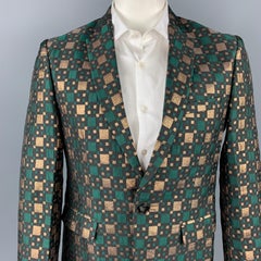 CUSTOM MADE Size 40 Green & Gold Jacquard Notch Lapel Sport Coat