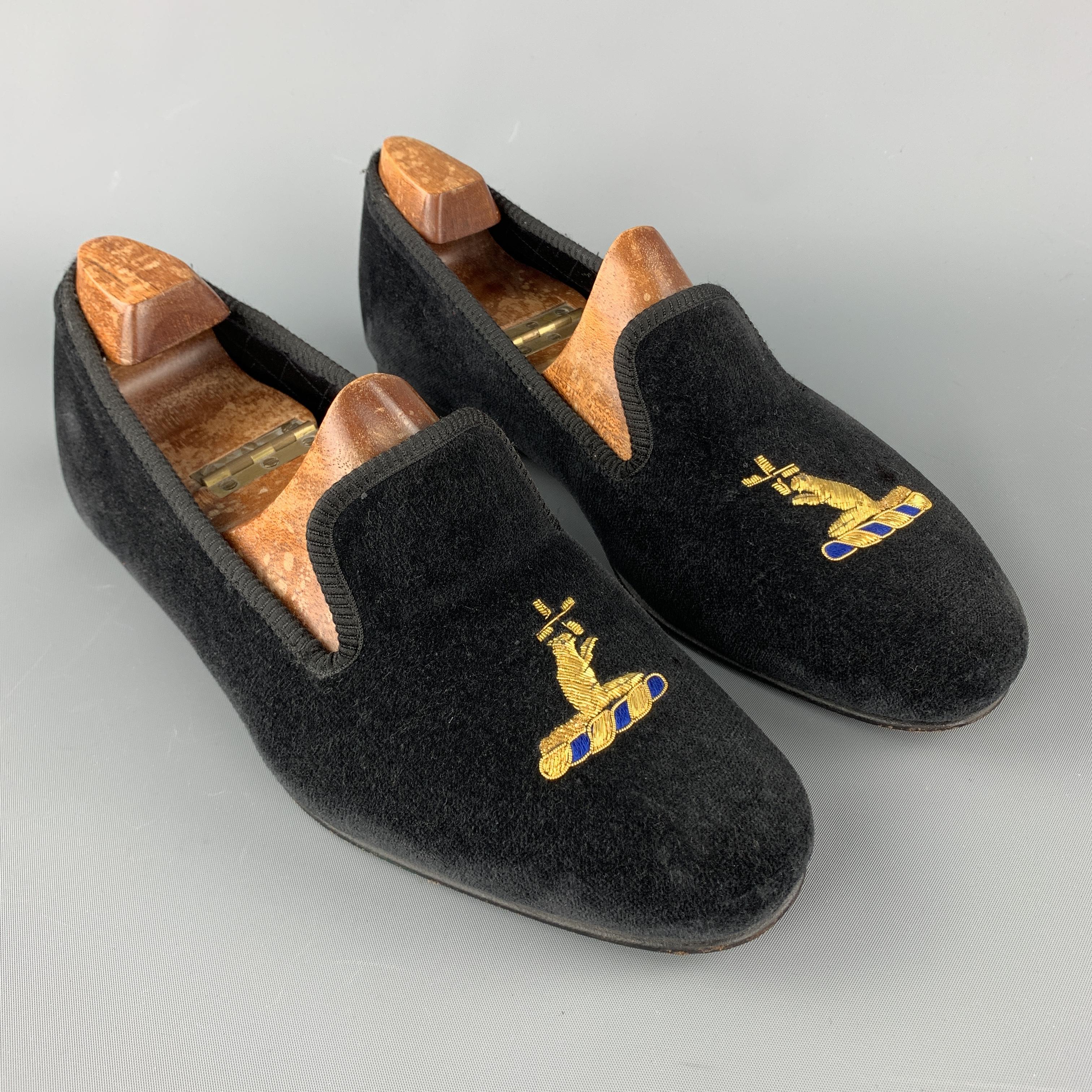 CUSTOM MADE Size 8 Black Embroidery Velvet Slippers Loafers 1