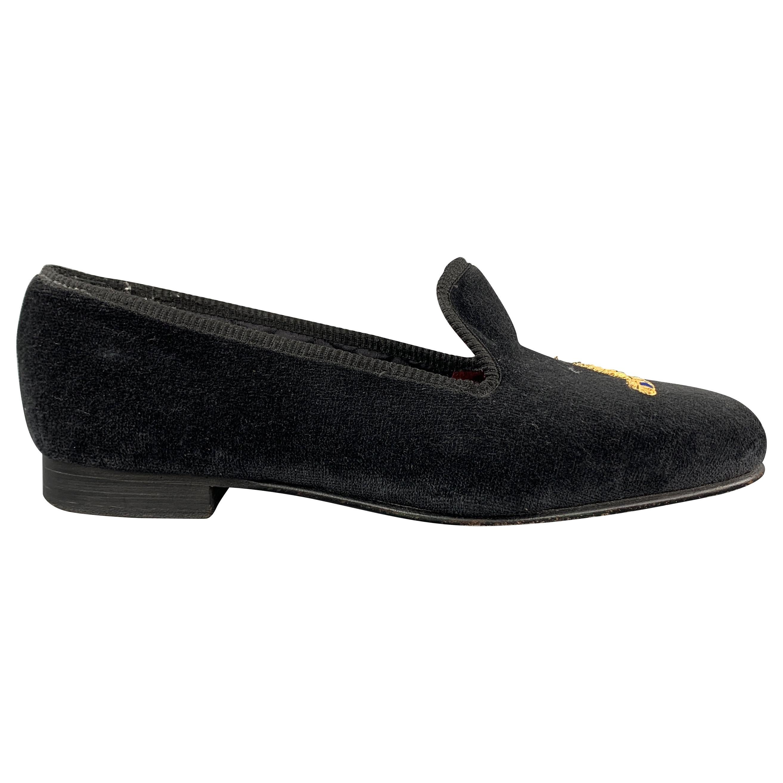 CUSTOM MADE Size 8 Black Embroidery Velvet Slippers Loafers