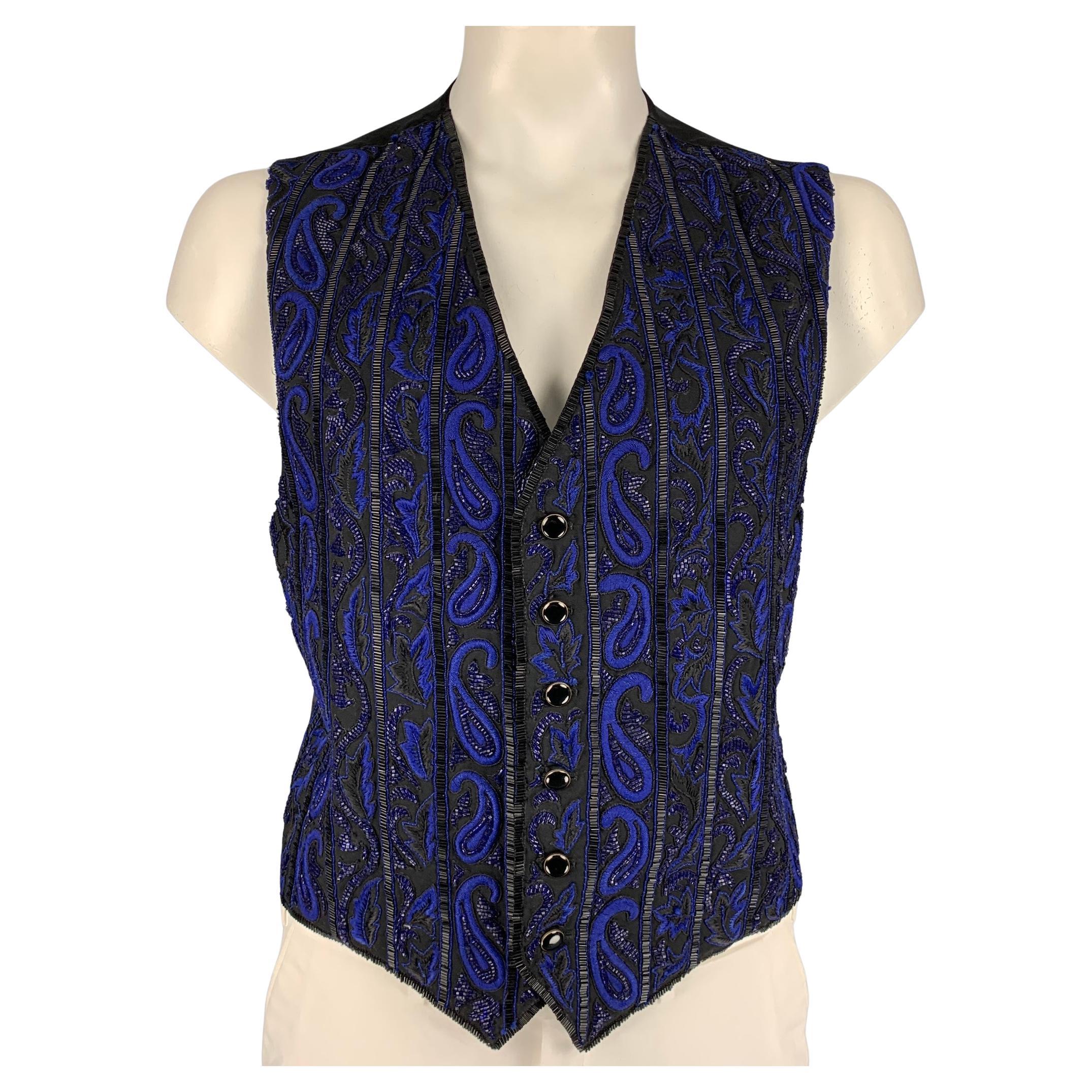 CUSTOM MADE Size M Black 
Blue Beaded Buttoned Vest