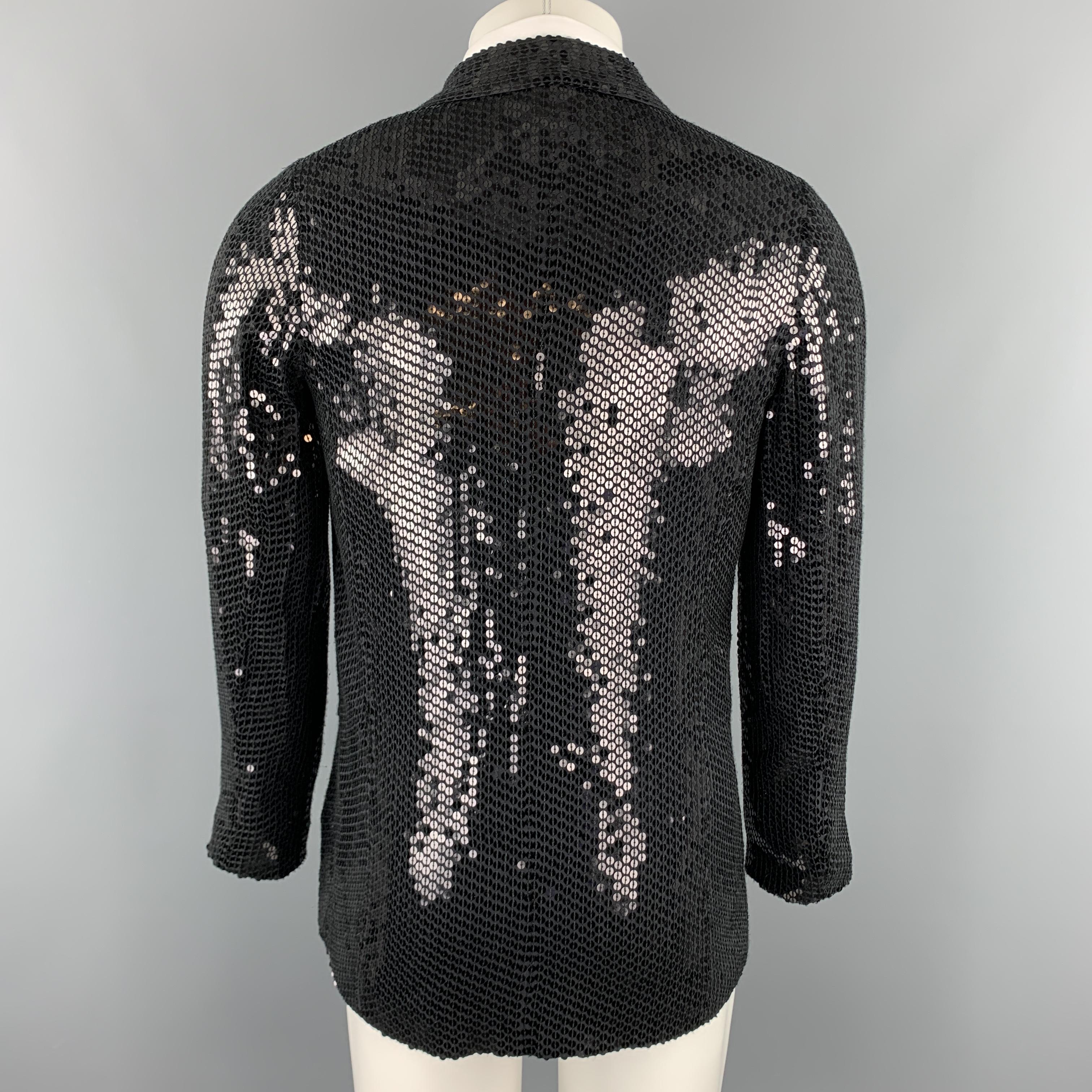 CUSTOM MADE Size XS Black Sequined Shawl Collar Silk Hook & Eye Sport Coat In Excellent Condition In San Francisco, CA