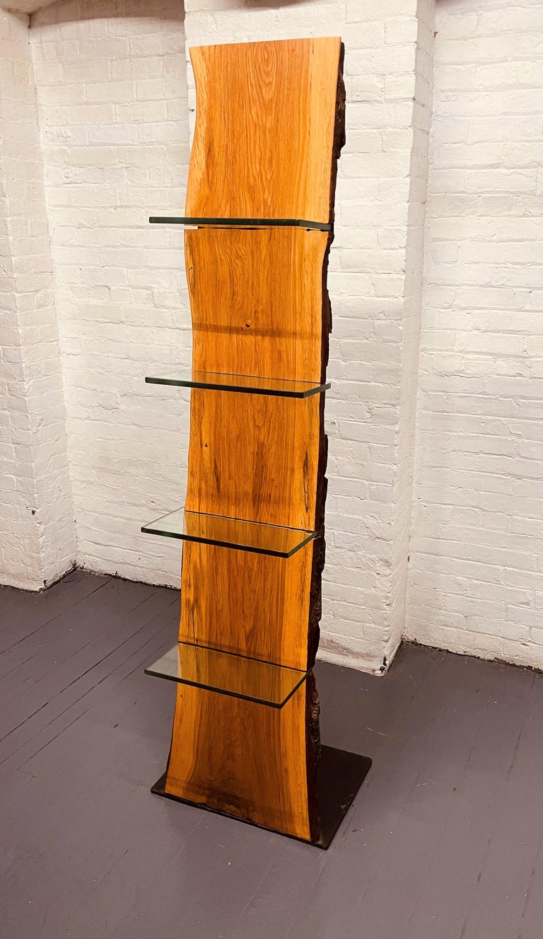 Custom Made Slab Red Oak Stand with Glass Shelves For Sale at 1stDibs