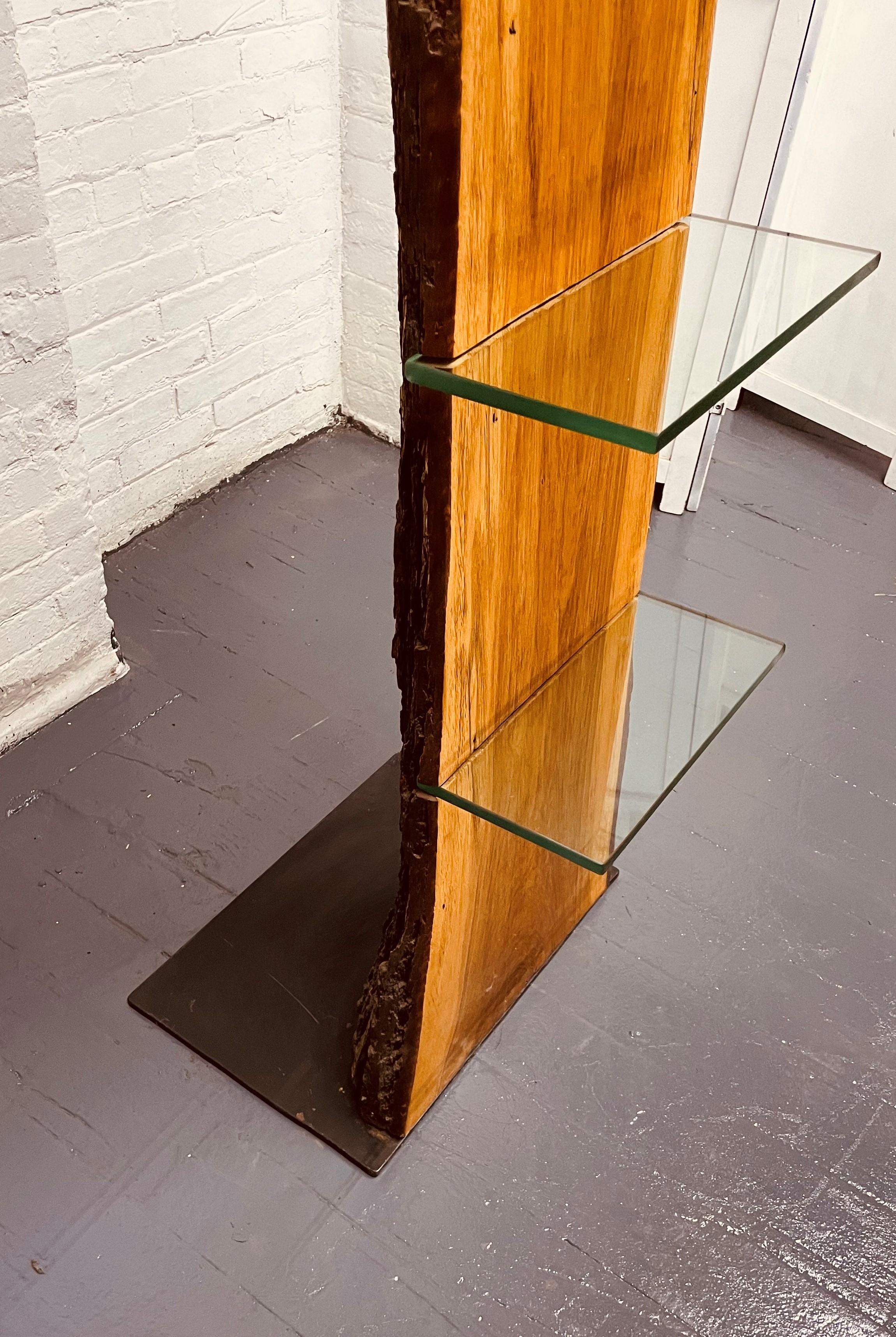 Custom Made Slab Red Oak Stand with Glass Shelves For Sale at 1stDibs