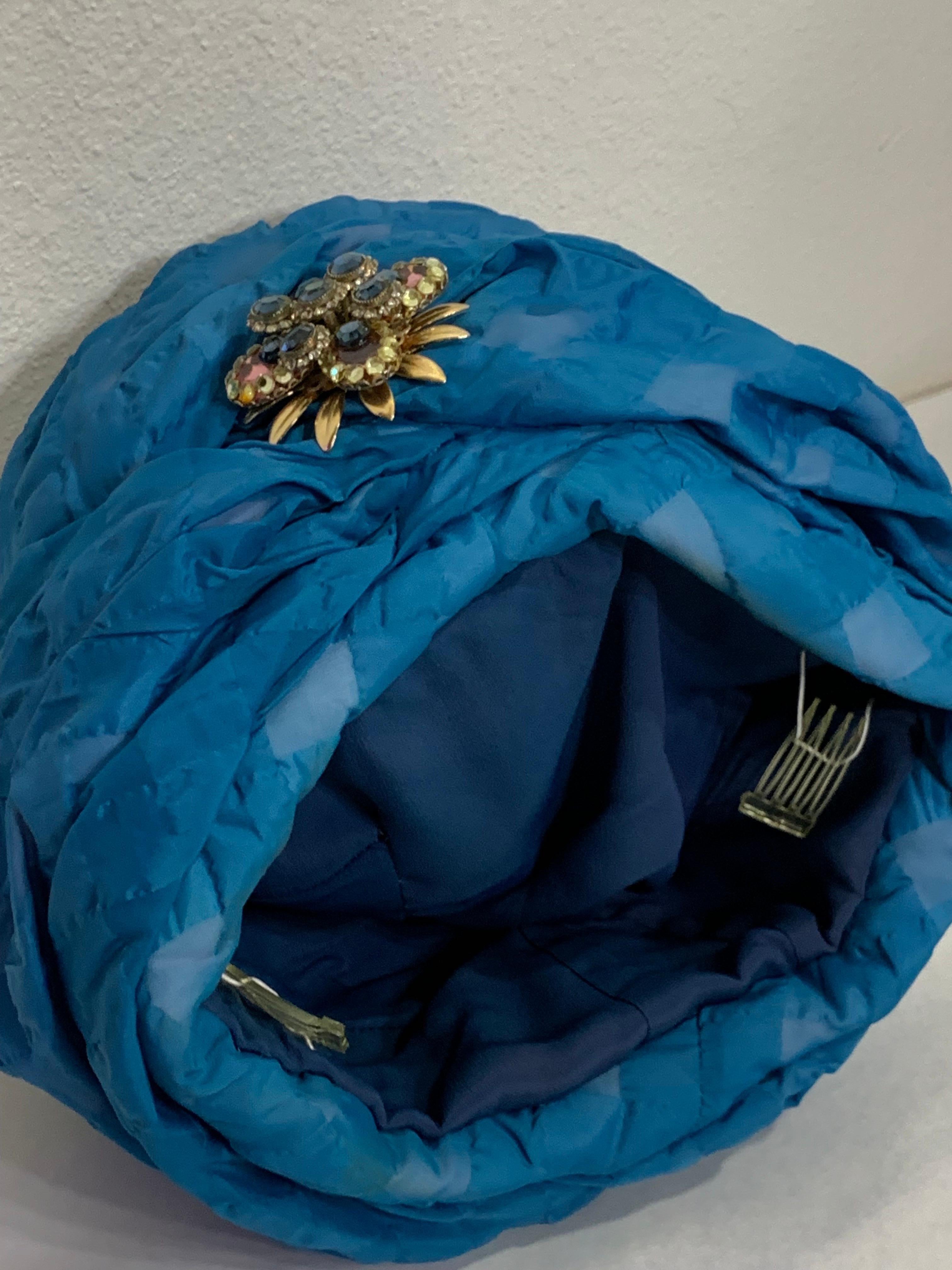 Custom Made Spring/Summer Azure Blue Seersucker Check Padded Turban w Brooch For Sale 6