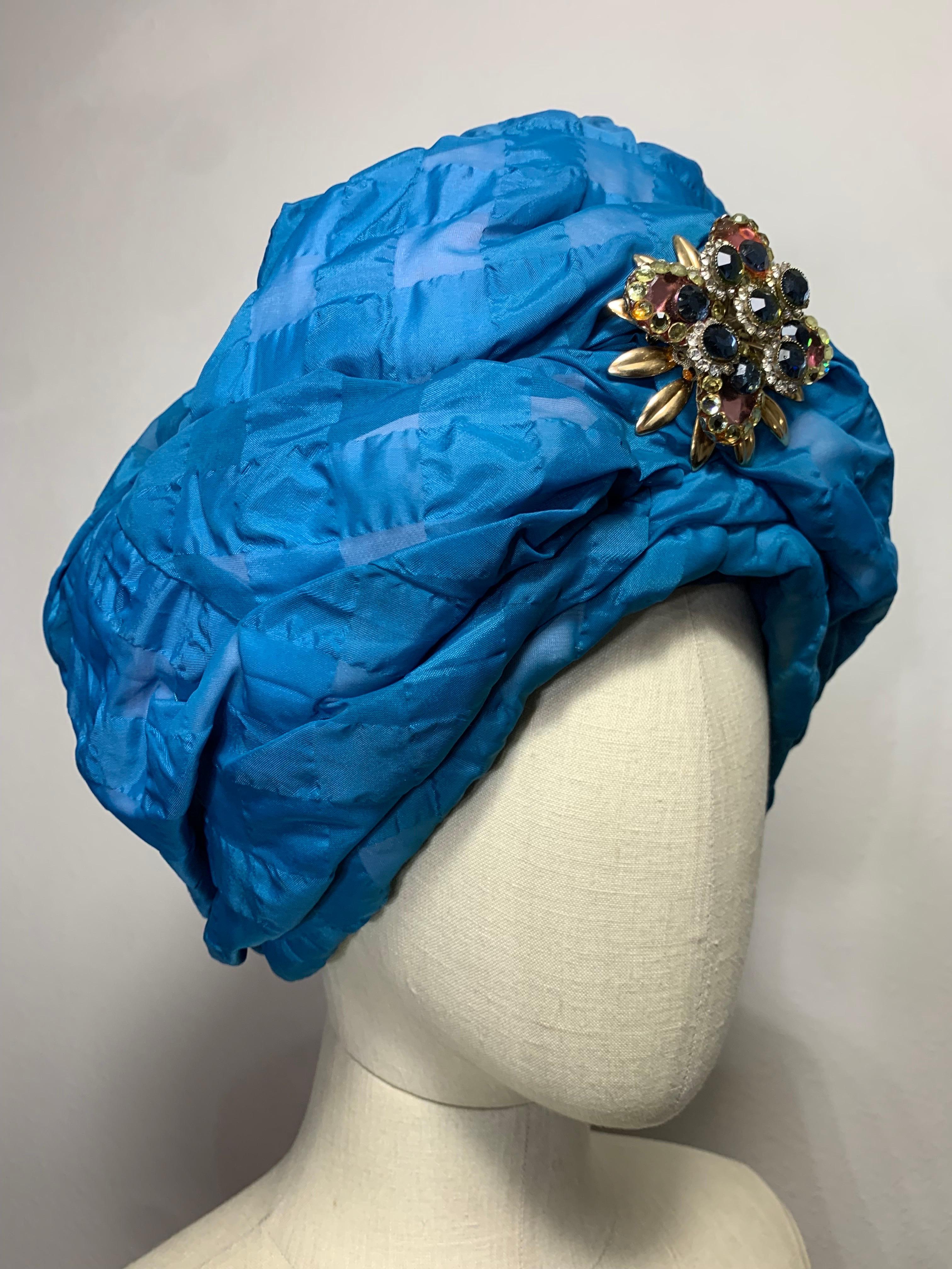 Custom Made Spring/Summer Azure Blue Seersucker Check Padded Turban w Brooch In Excellent Condition For Sale In Gresham, OR