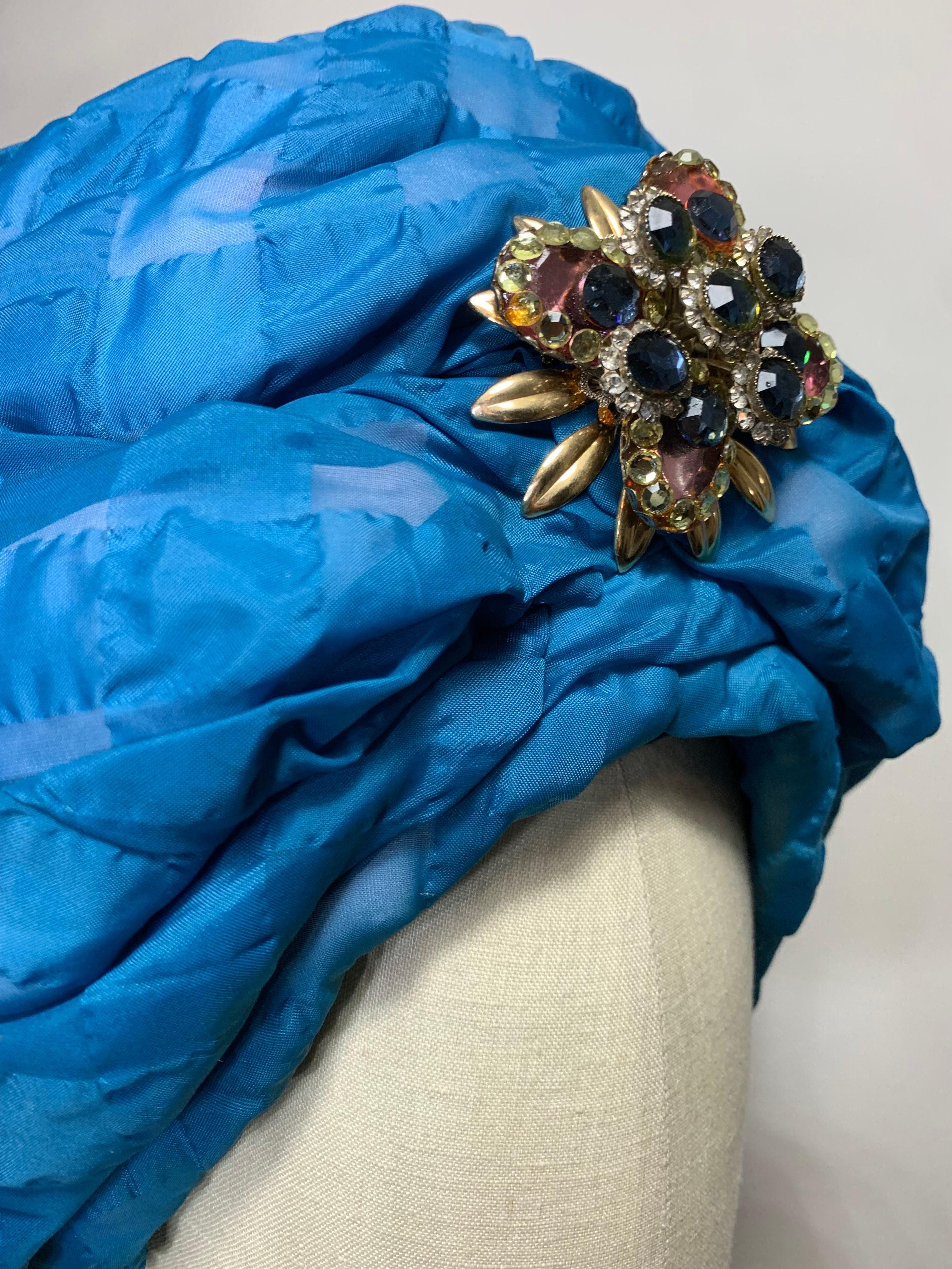 Women's Custom Made Spring/Summer Azure Blue Seersucker Check Padded Turban w Brooch For Sale