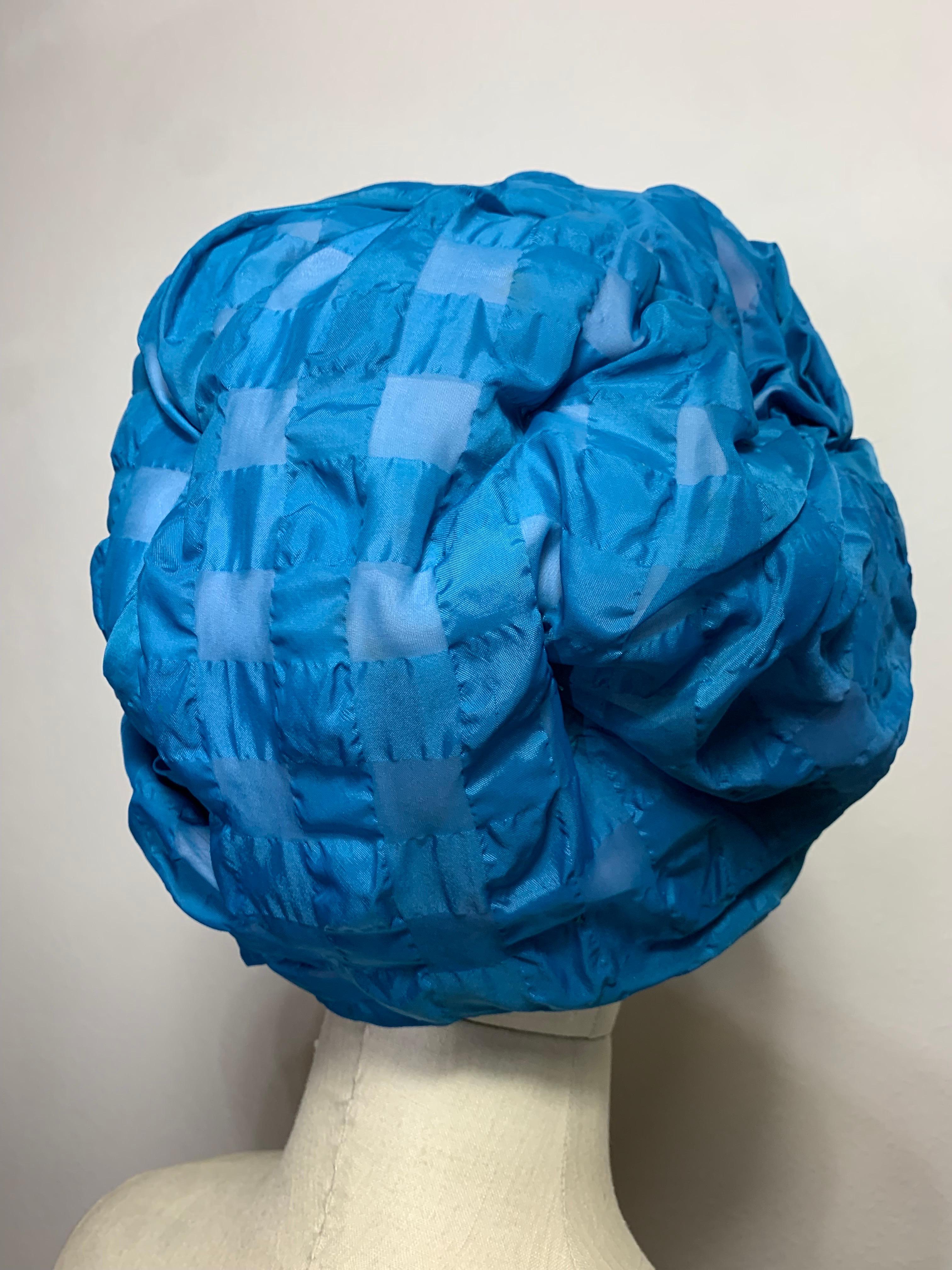 Custom Made Spring/Summer Azure Blue Seersucker Check Padded Turban w Brooch For Sale 1