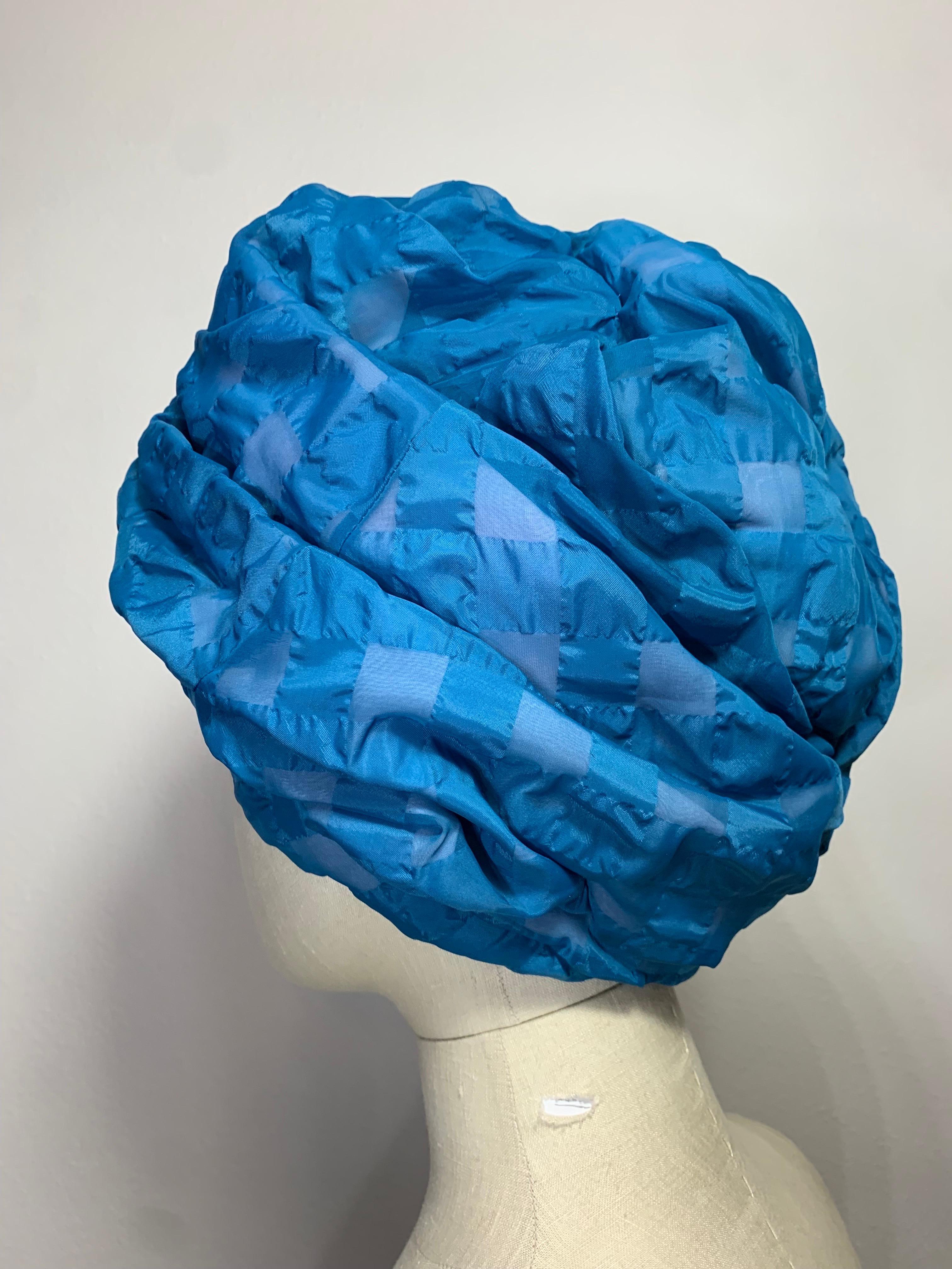 Custom Made Spring/Summer Azure Blue Seersucker Check Padded Turban w Brooch For Sale 2