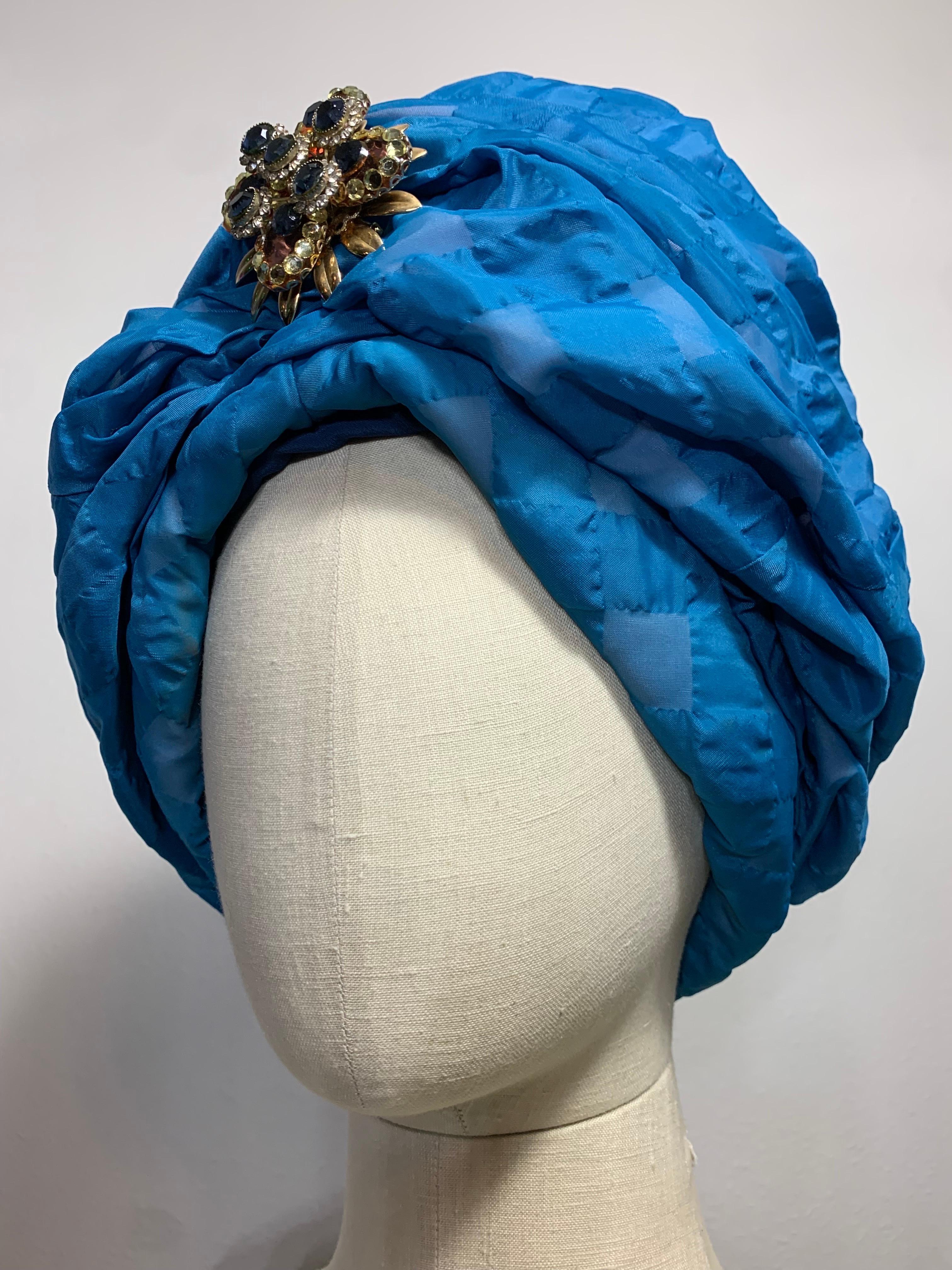 Custom Made Spring/Summer Azure Blue Seersucker Check Padded Turban w Brooch For Sale 3