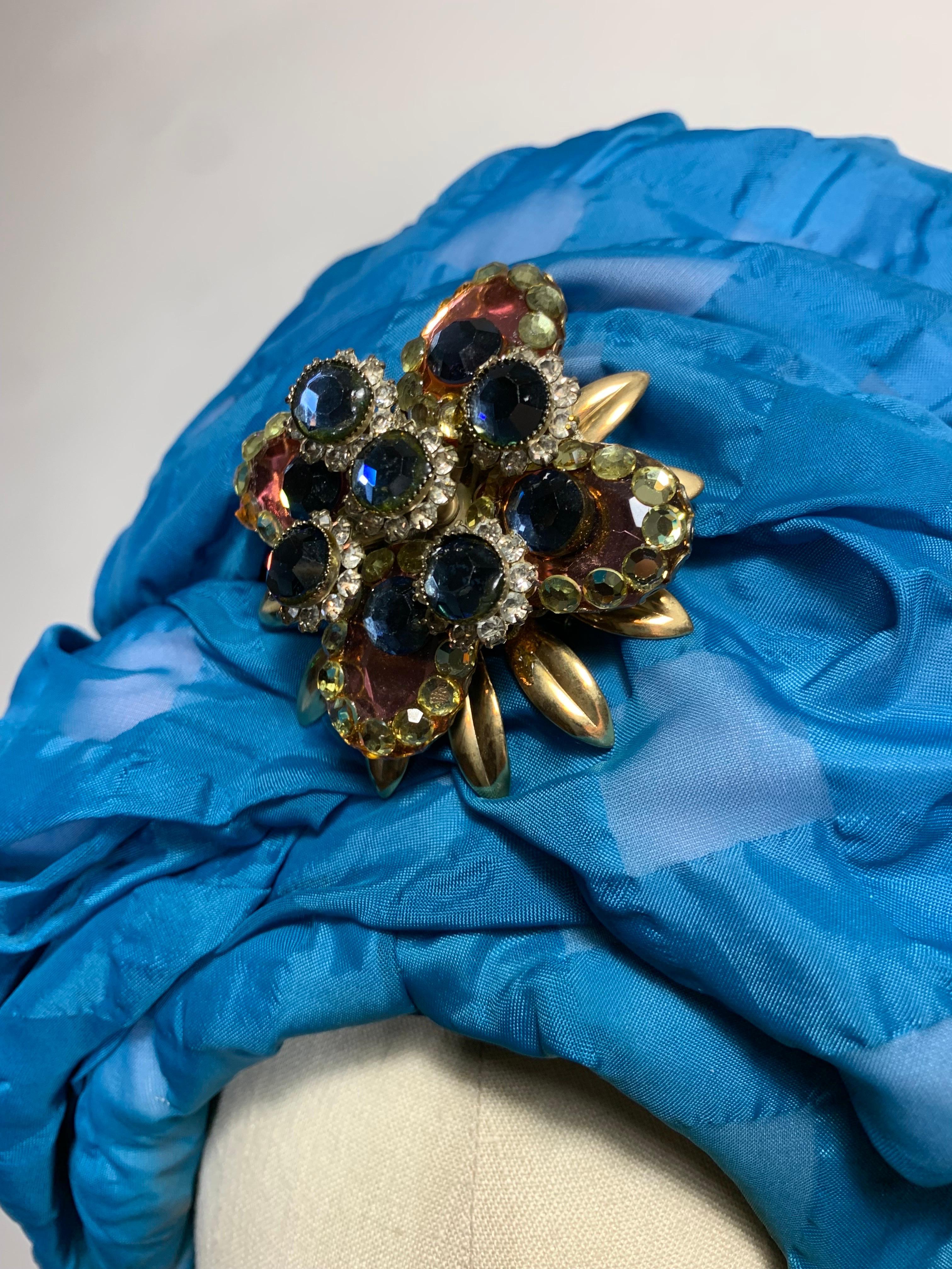 Custom Made Spring/Summer Azure Blue Seersucker Check Padded Turban w Brooch For Sale 4