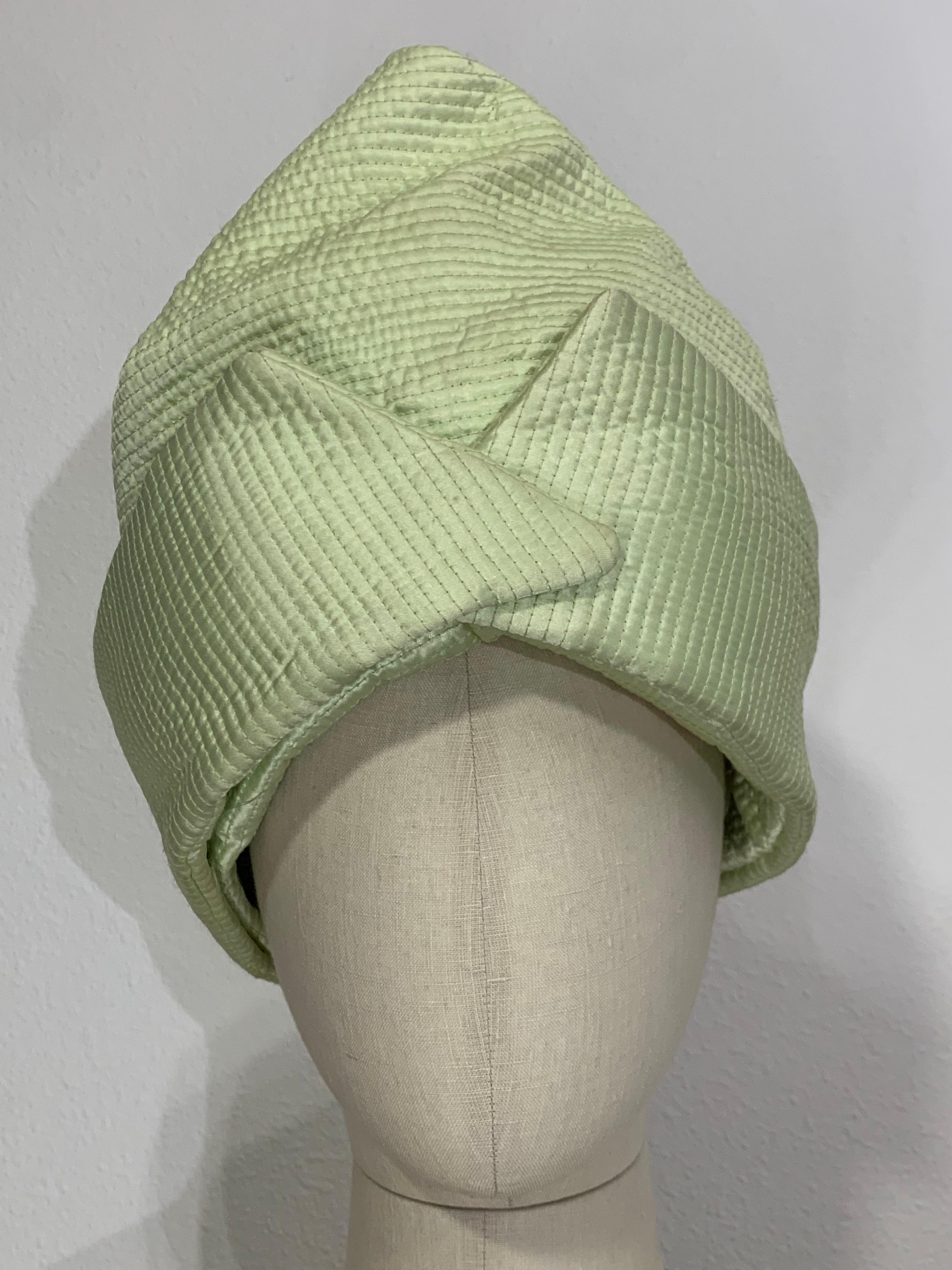 Custom Made Spring/Summer Celadon Quilted Silk Toque / Turban  For Sale 2
