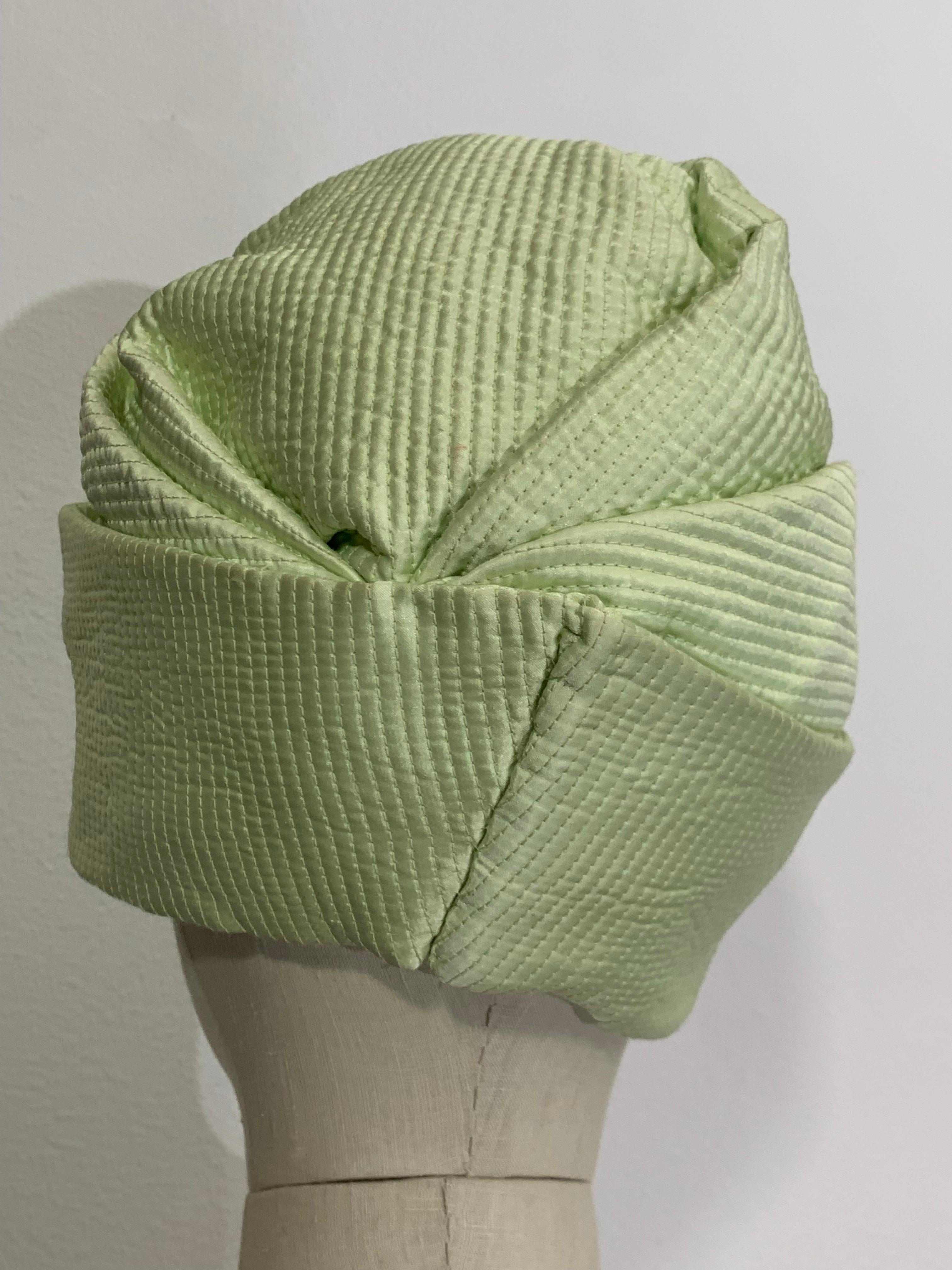 Custom Made Spring/Summer Celadon Quilted Silk Toque / Turban  For Sale 4