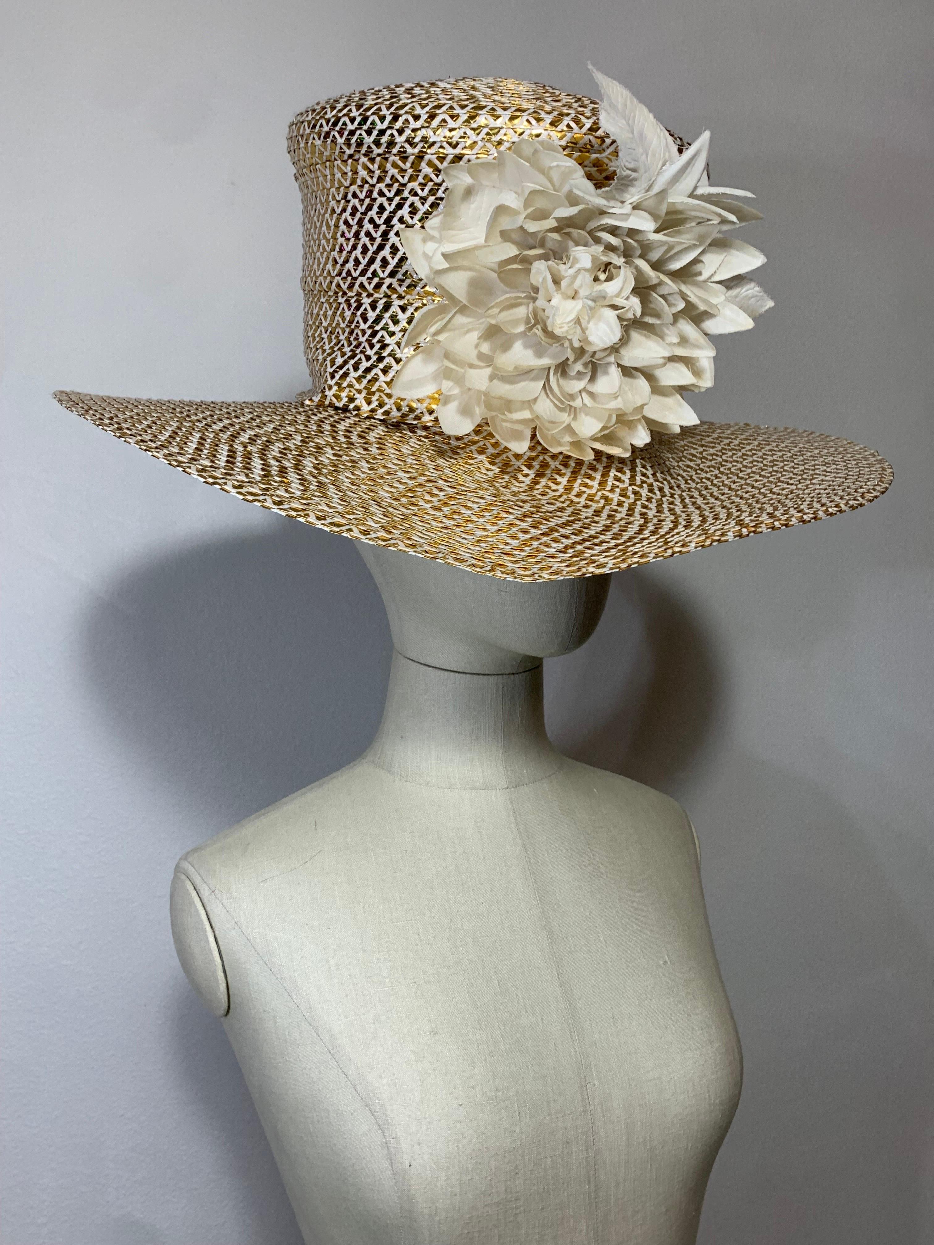 Custom Made Spring/Summer Gold & White Straw Medium Brim Tall Hat w Silk Florals For Sale 6