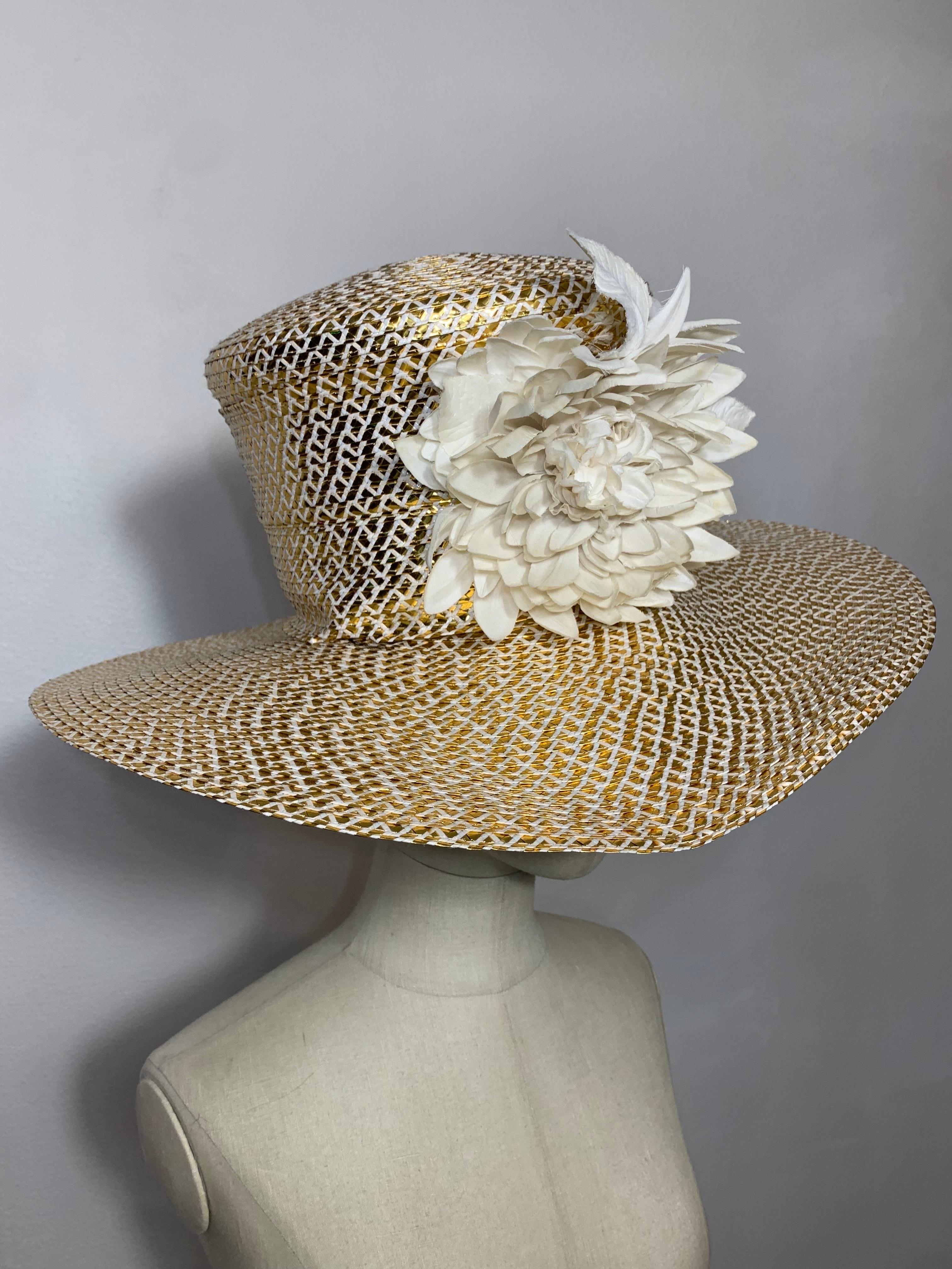 Custom Made Spring/Summer Gold & White Straw Medium Brim Tall Hat w Silk Florals For Sale 7